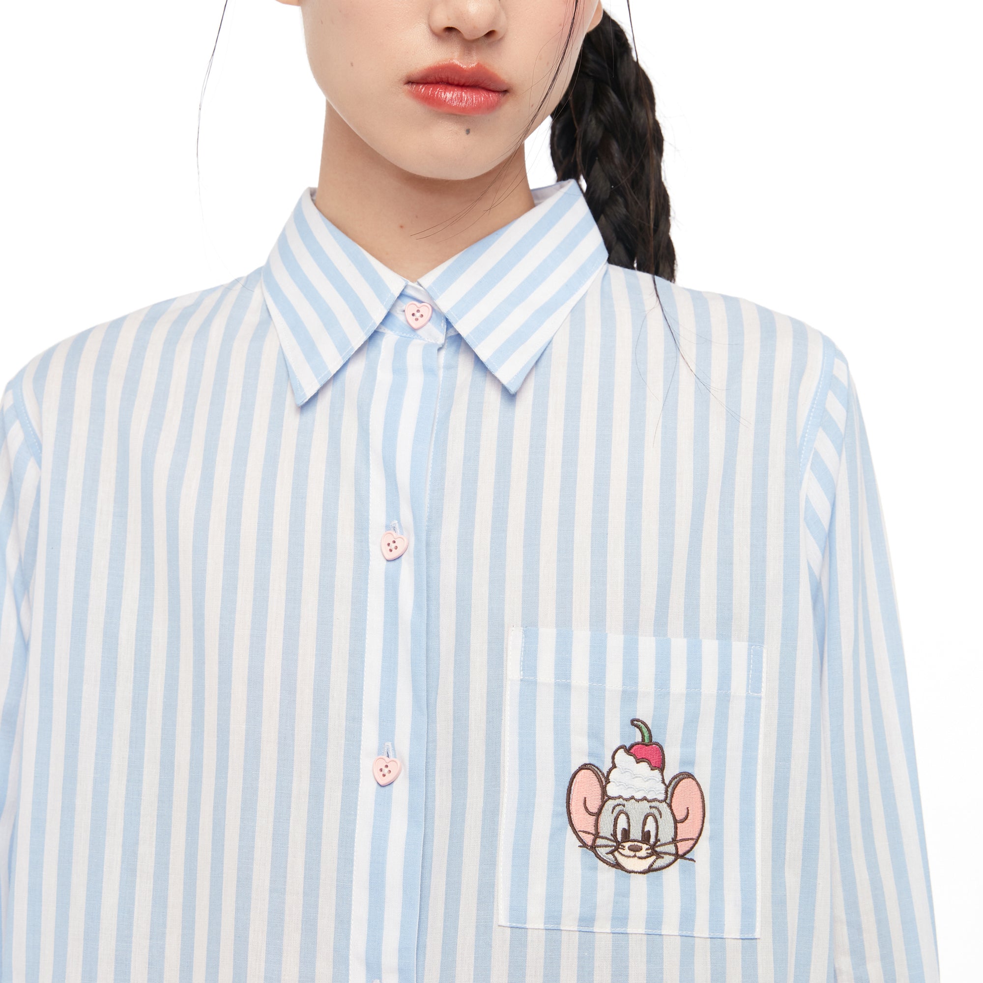 เสื้อเชิ้ตแขนยาวลายทางปักลาย Tom and Jerry Blue