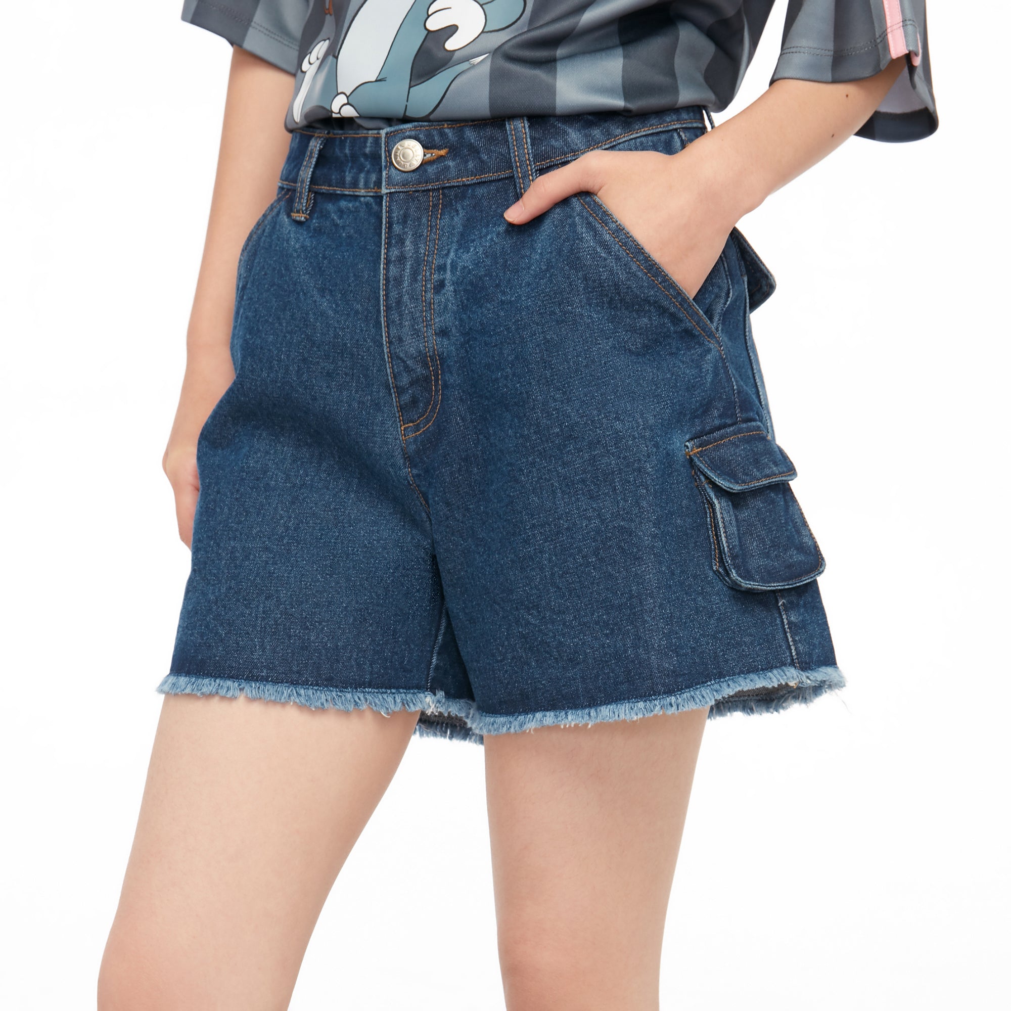 Tom And Jerry Embroidery Denim Shorts Blue
