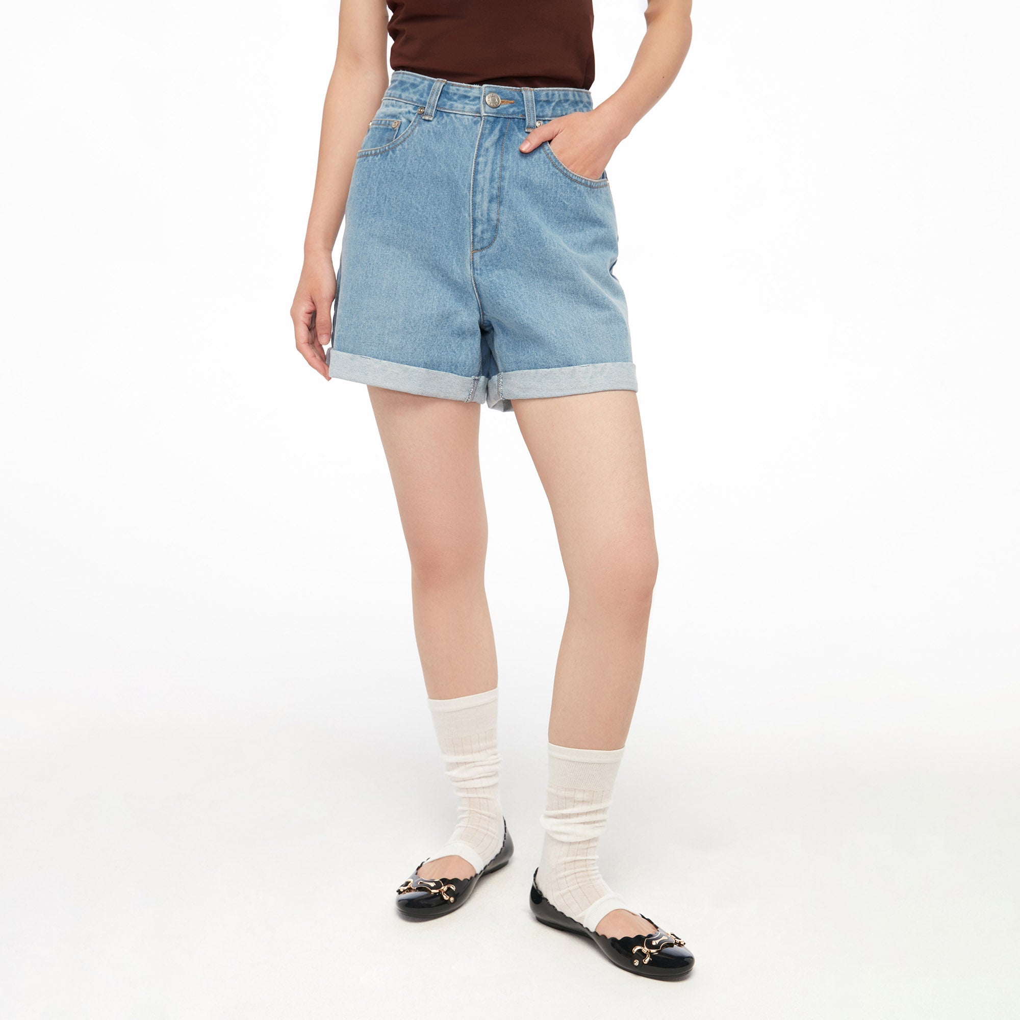 กางเกงเดนิมขาสั้นปลายขาพับ Blue