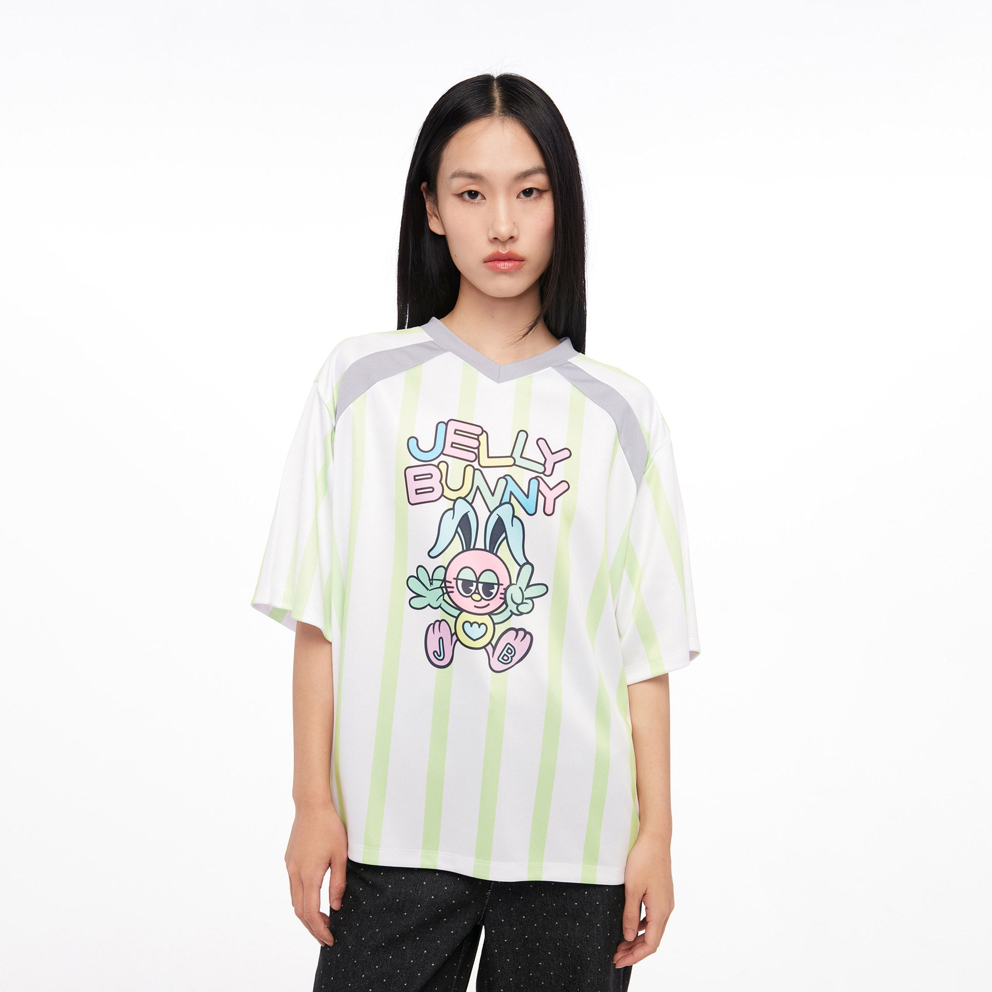 เสื้อยืดแขนสั้นลายทางพิมพ์ลาย Grumpy Jerme Green