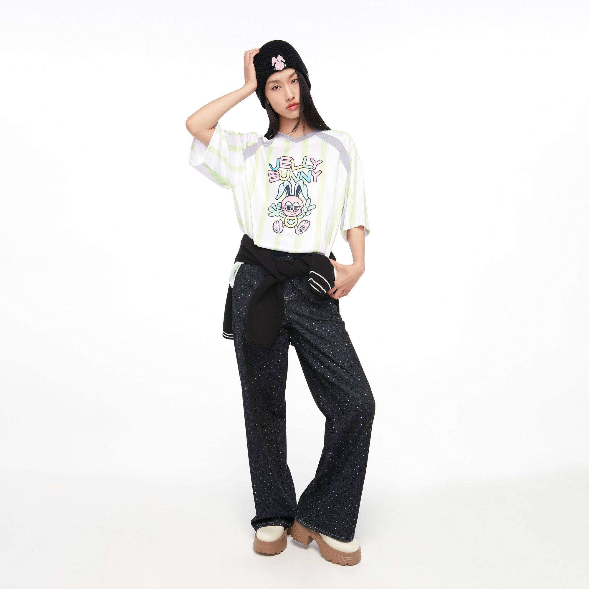 เสื้อยืดแขนสั้นลายทางพิมพ์ลาย Grumpy Jerme Green