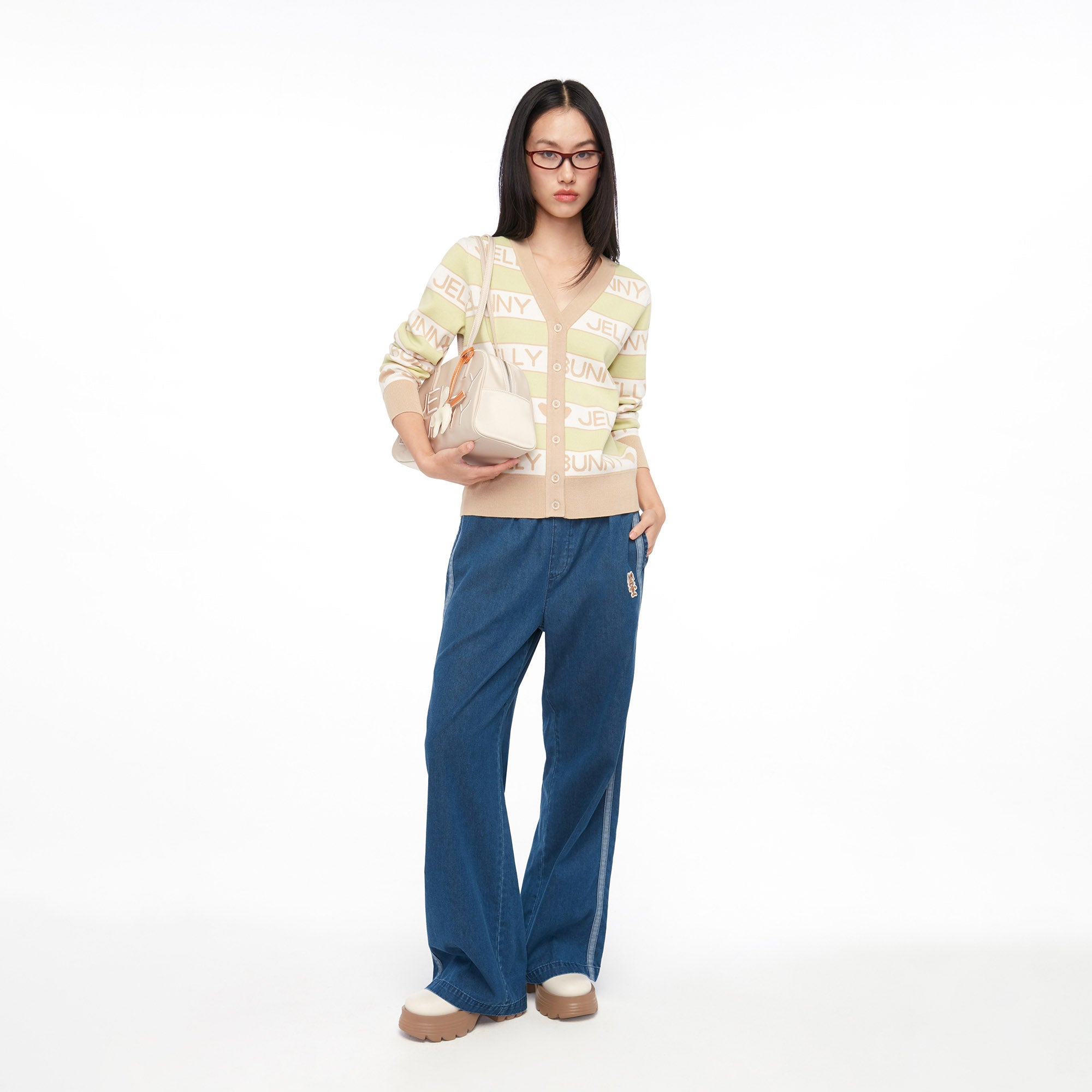 Logo V Neck Long Sleeve Cardigan Green