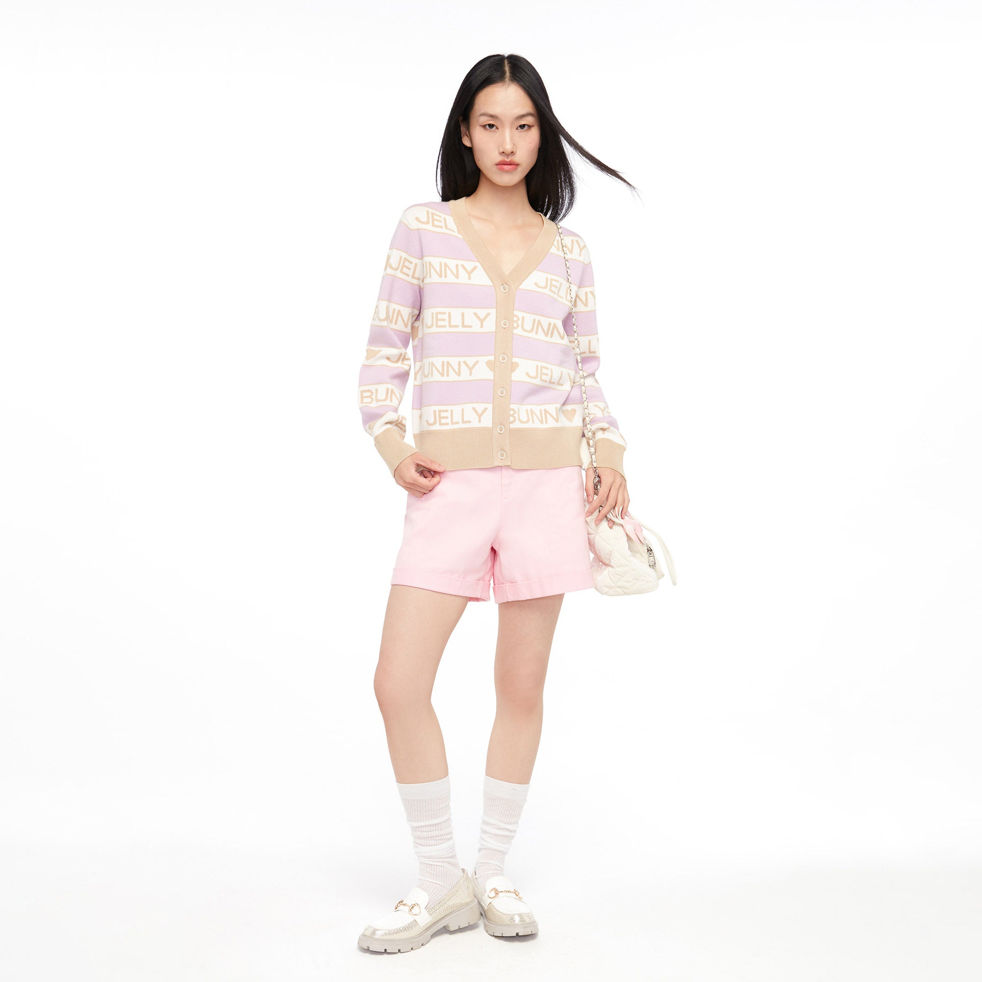 Logo V Neck Long Sleeve Cardigan Purple