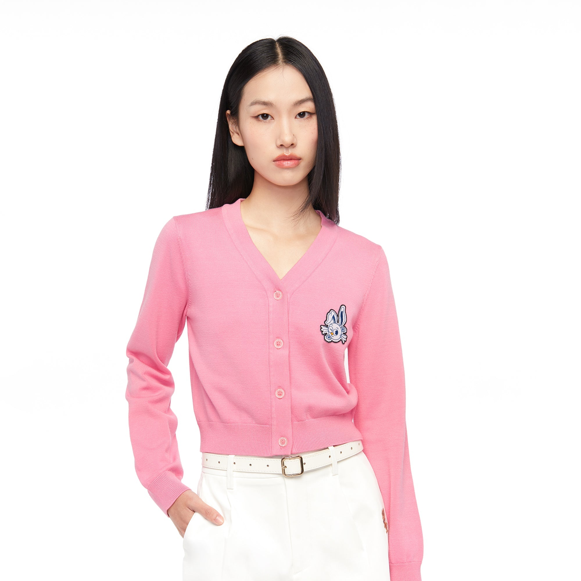 เสื้อคาร์ดิแกนครอปปักลาย Jerme Pink