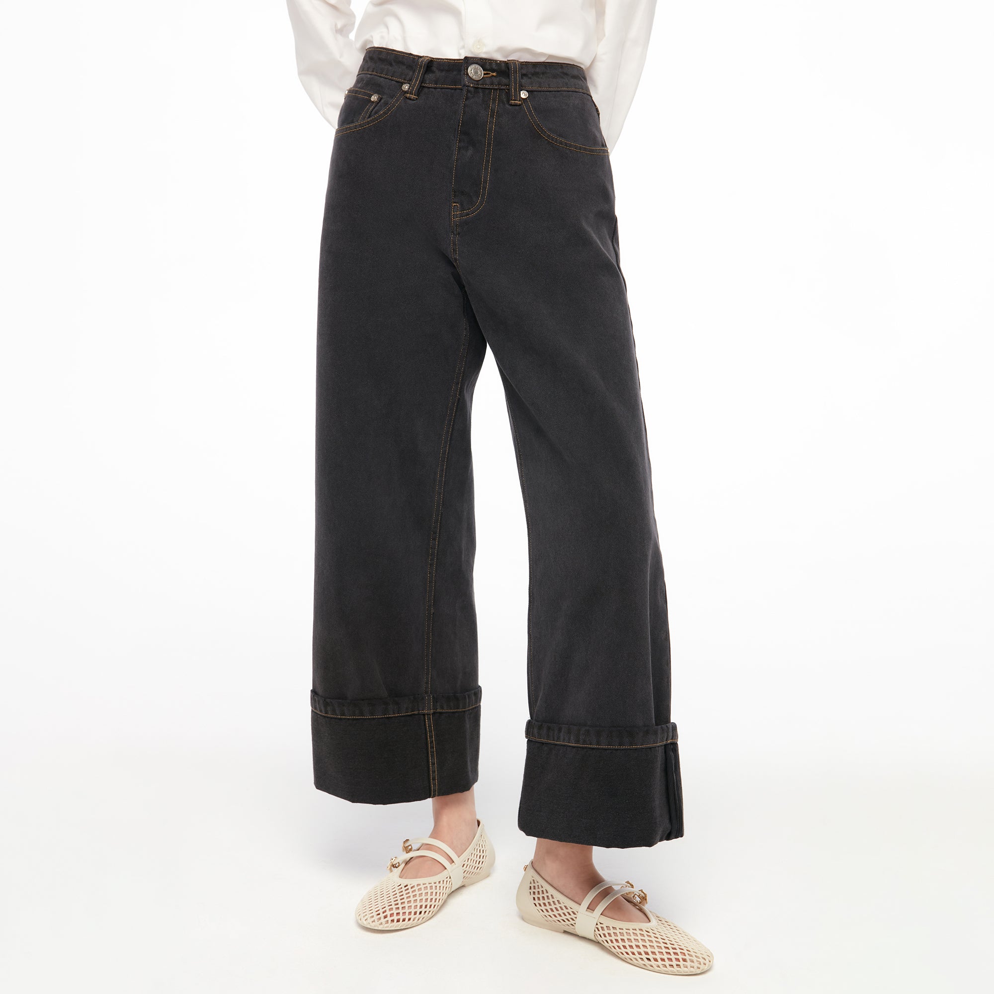 Turn Up Wide Leg Denim Pants Black