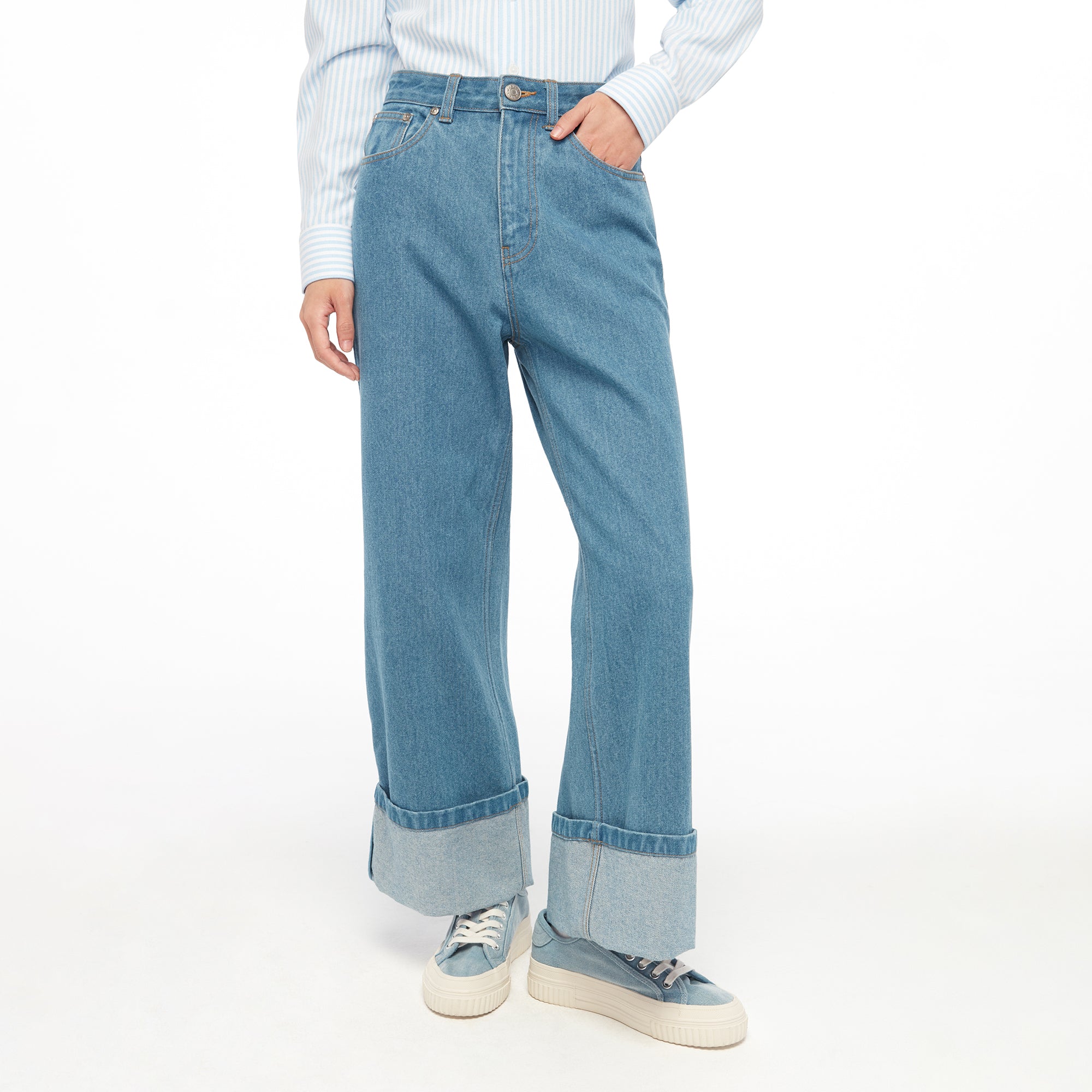 Turn Up Wide Leg Denim Pants Blue