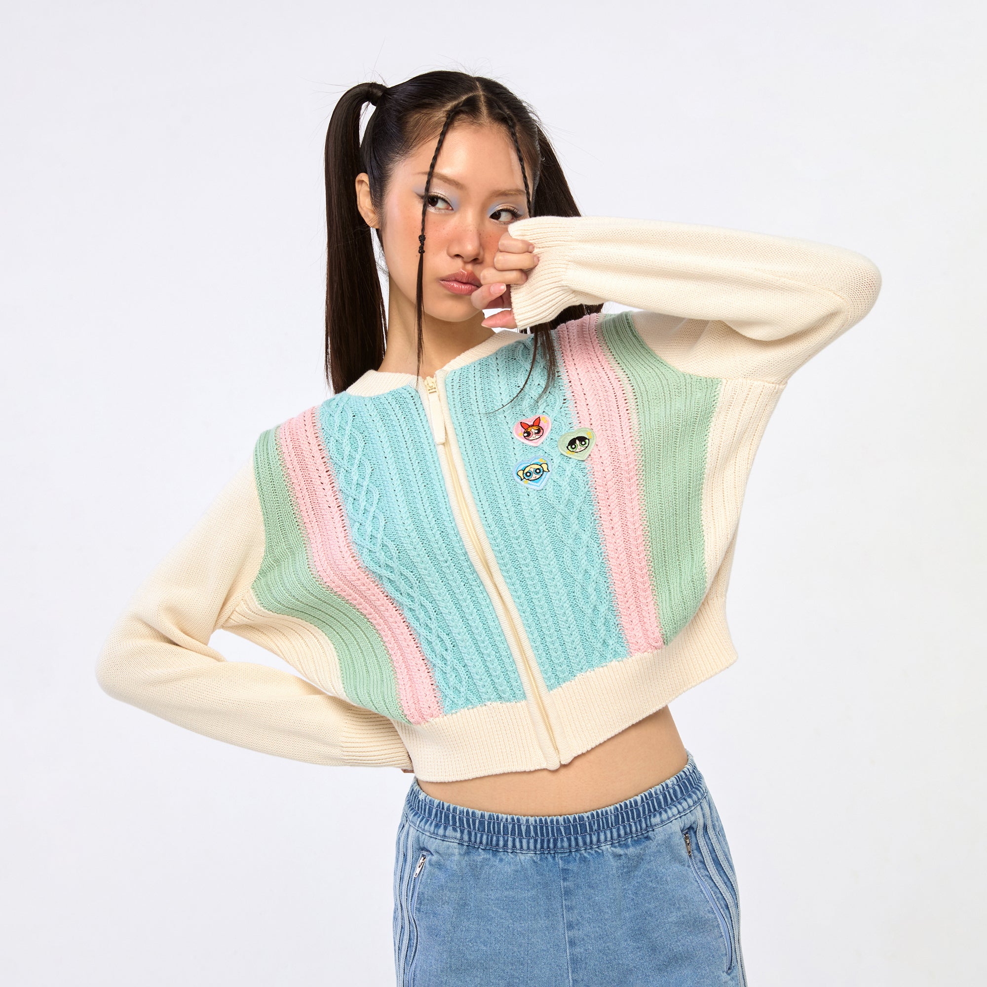 Powerpuff Girl Cable Knitted Zip Up Cardigan Multi Color