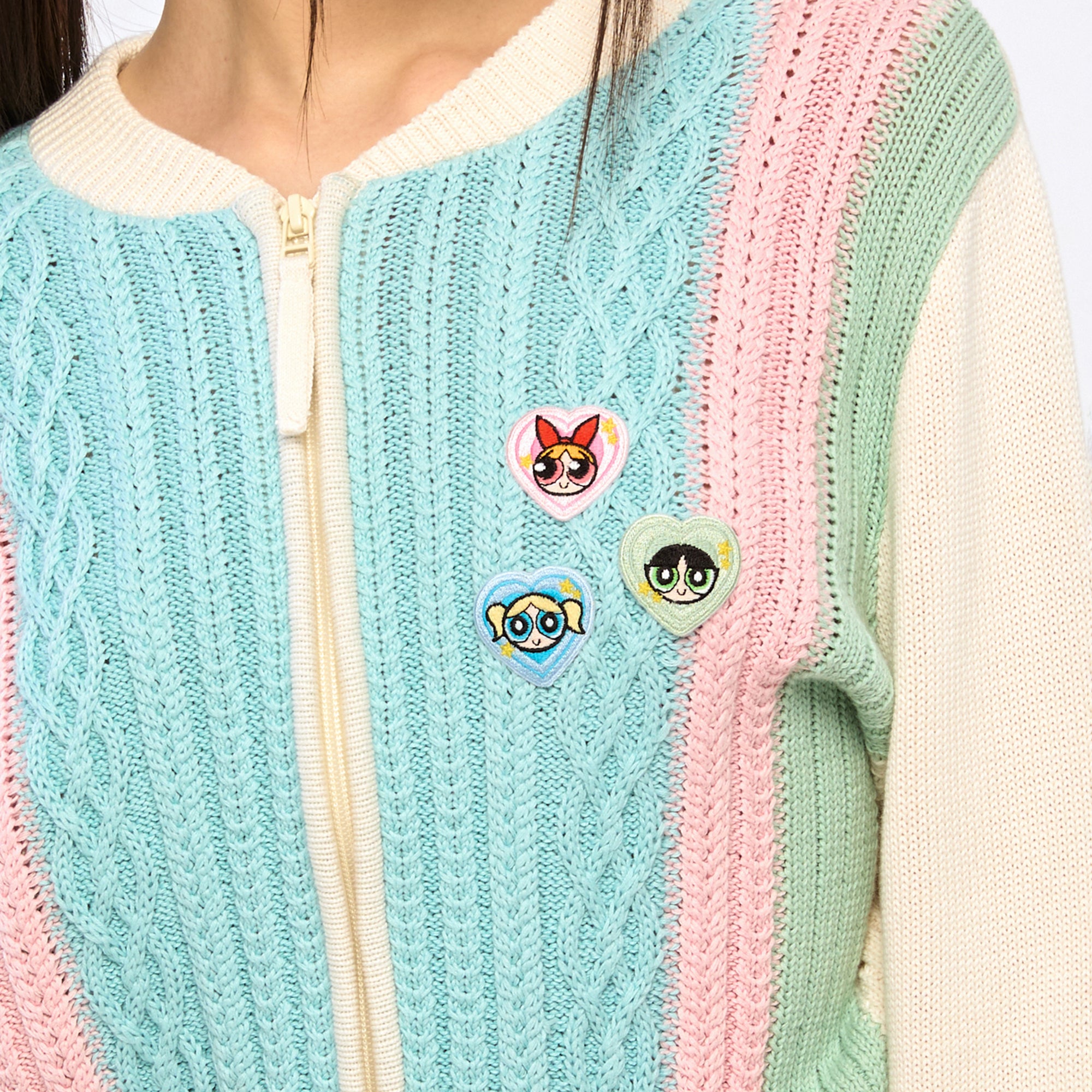 Powerpuff Girl Cable Knitted Zip Up Cardigan Multi Color