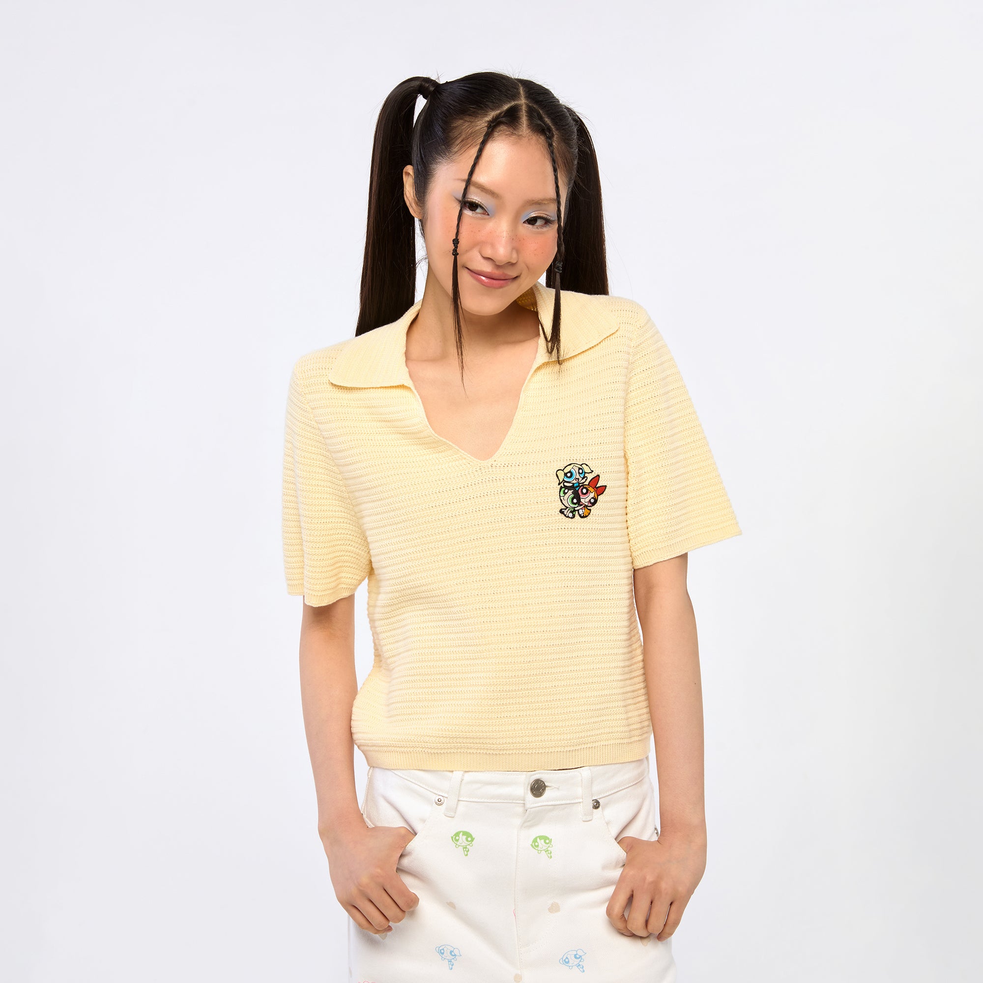 Powerpuff Girl Embroidery Knitted Top Cream