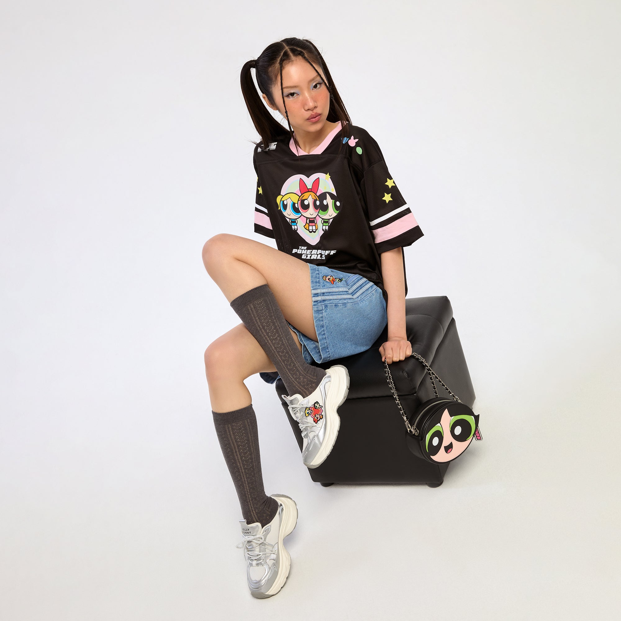 เสื้อยืดแขนสั้นผ้าตาข่ายพิมพ์ลาย Powerpuff Black