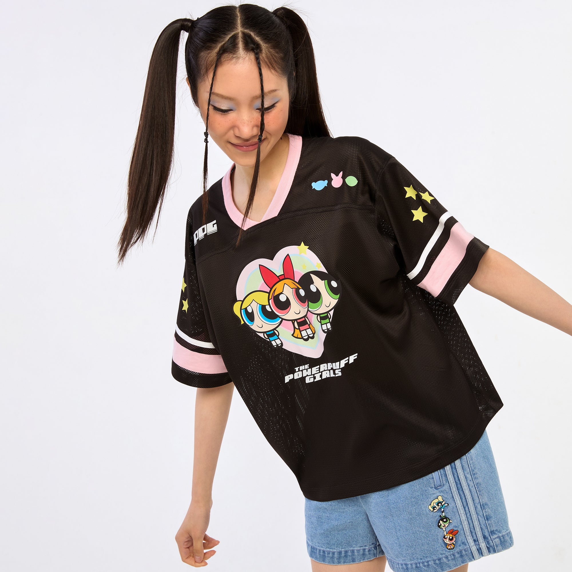 เสื้อยืดแขนสั้นผ้าตาข่ายพิมพ์ลาย Powerpuff Black