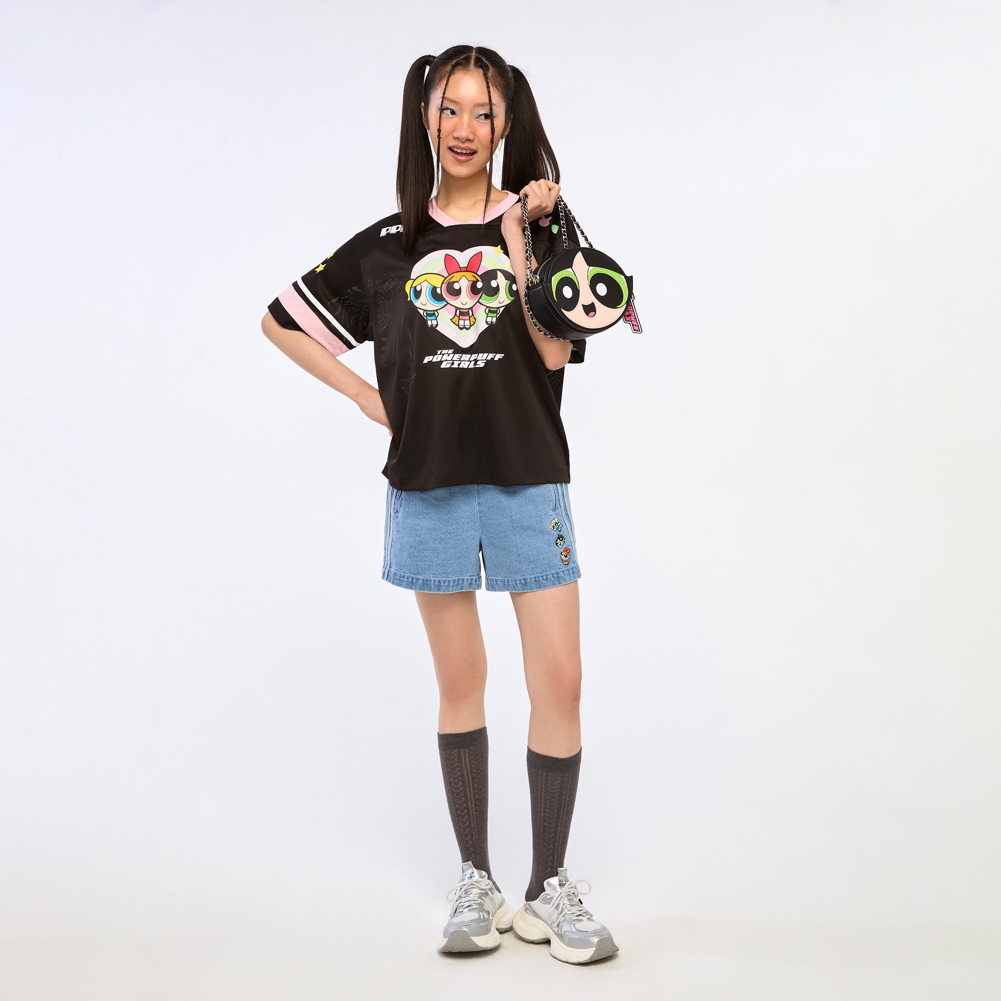 เสื้อยืดแขนสั้นผ้าตาข่ายพิมพ์ลาย Powerpuff Black