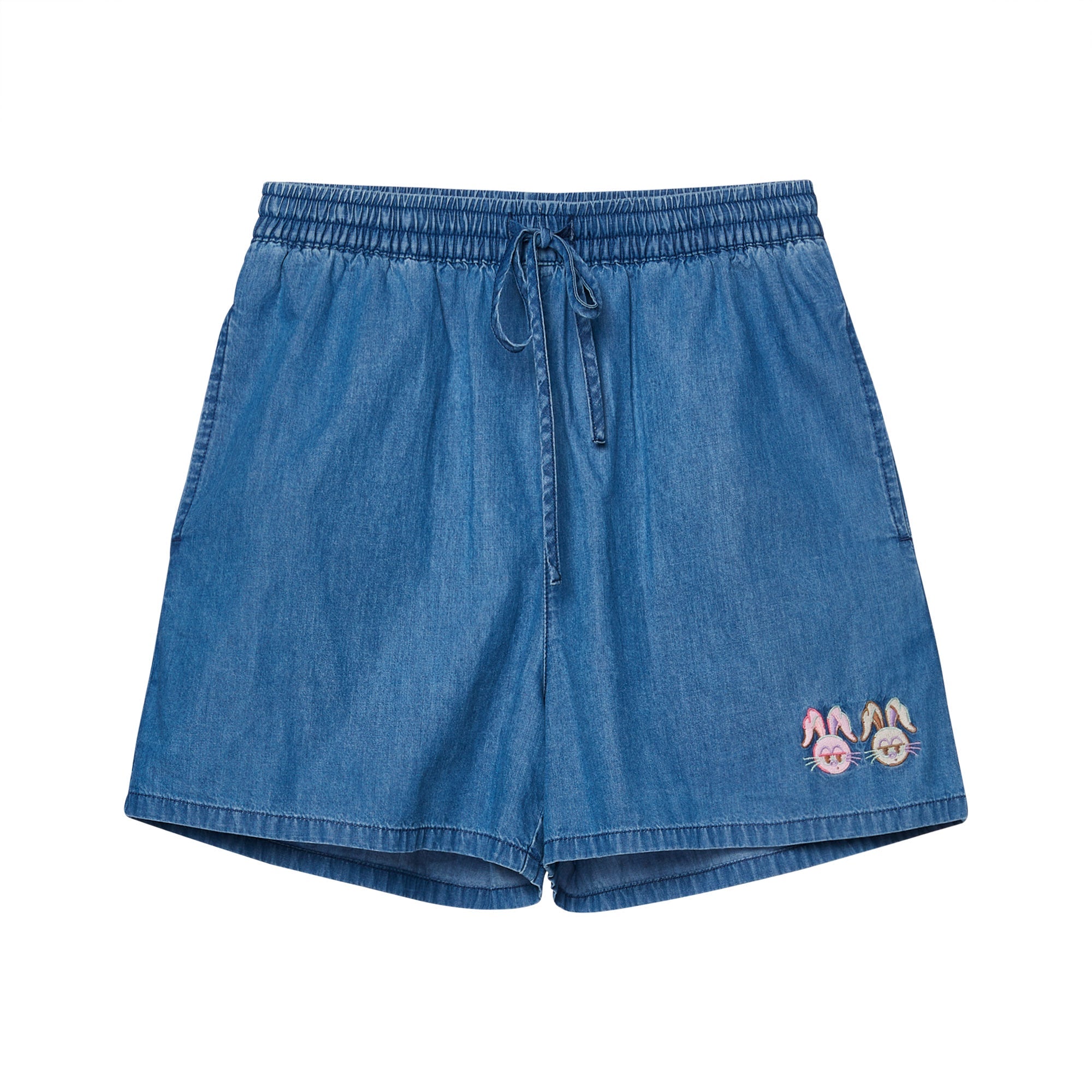 กางเกงเดนิมขาสั้นปักลาย Duo Jerme Blue