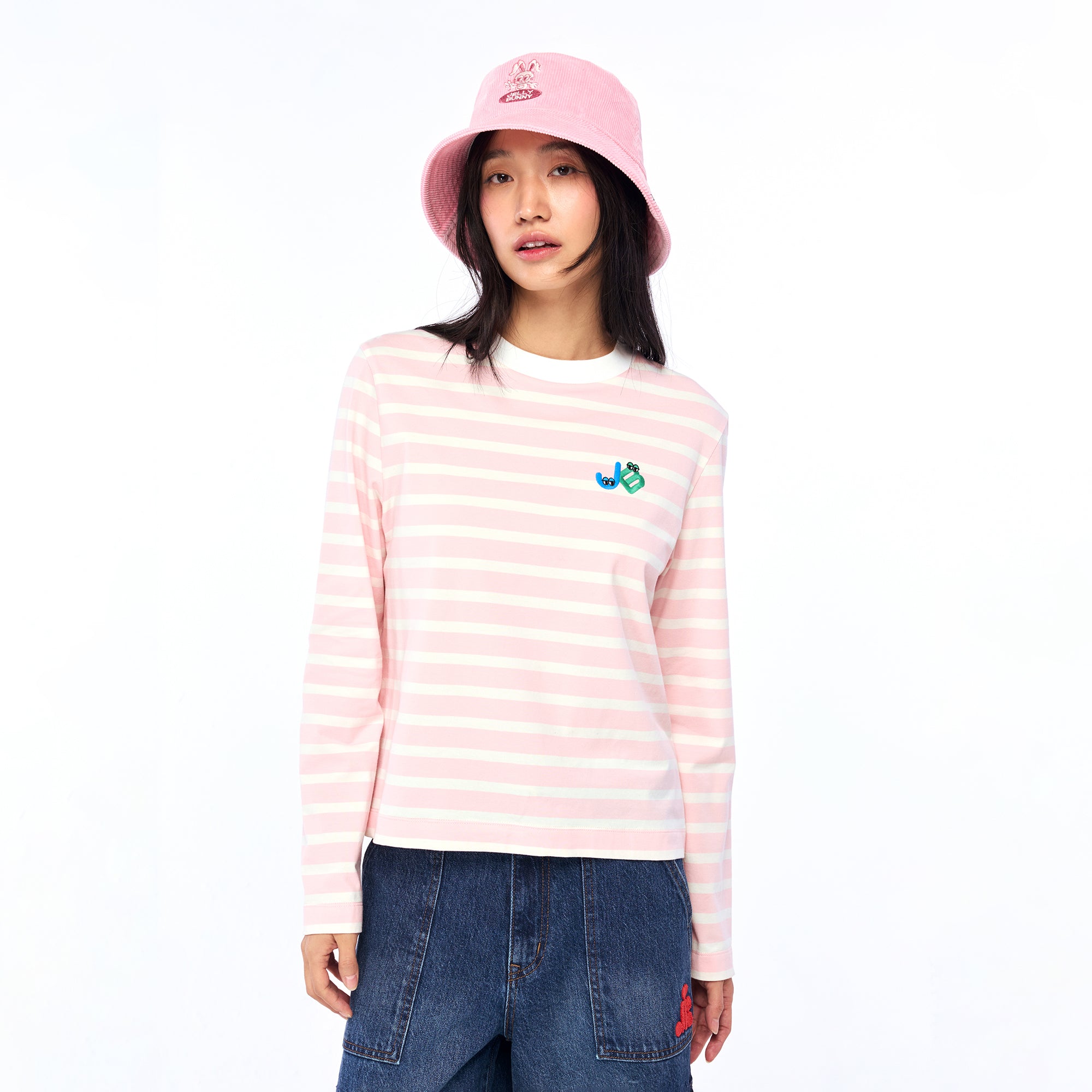 เสื้อแขนยาวลายทางปักโลโก้ Pink