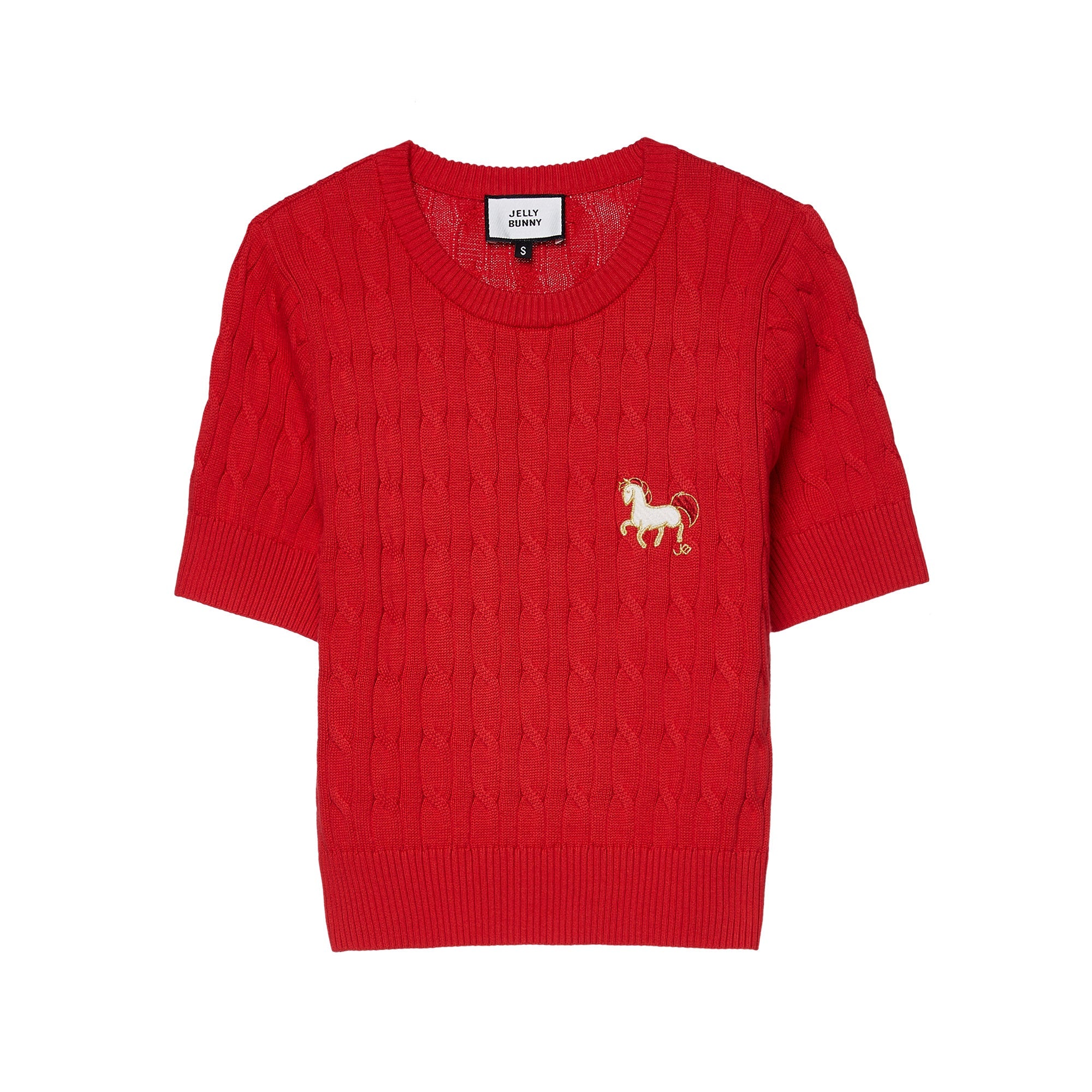 เสื้อยืดถักเคเบิ้ลแขนสั้นปักลาย Red