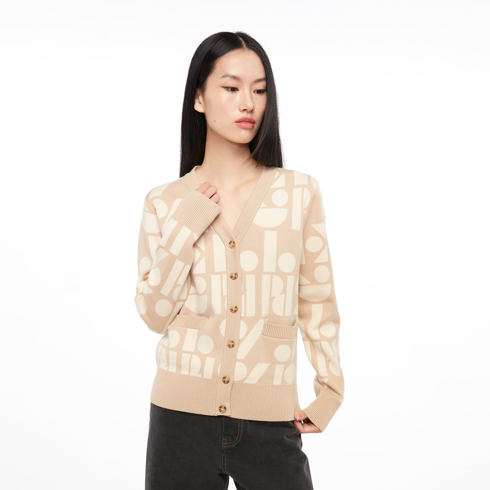 V Neck Logo Knitted Cardigan Beige