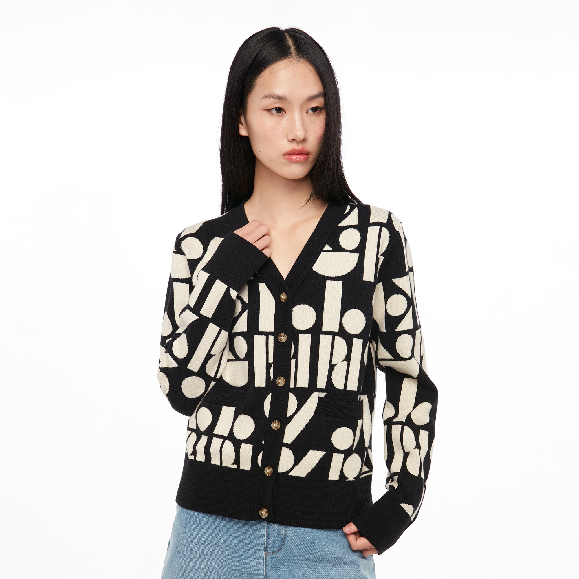 V Neck Logo Knitted Cardigan Black