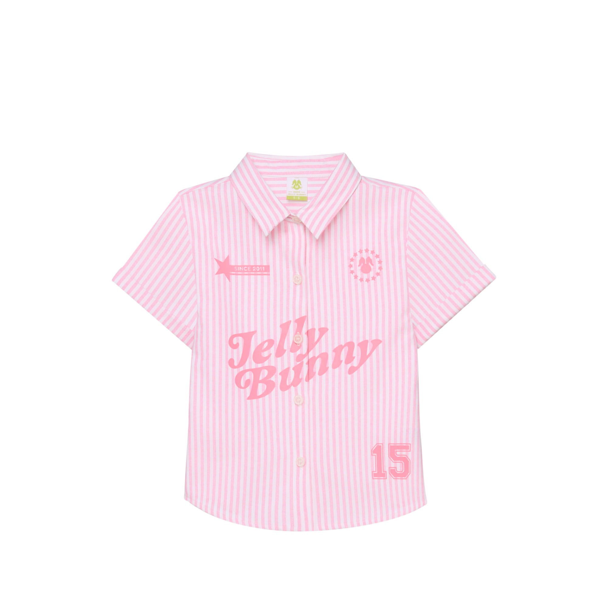 เสื้อเชิ้ตแขนสั้นลายทางแต่งโลโก้ สำหรับเด็กผู้หญิง