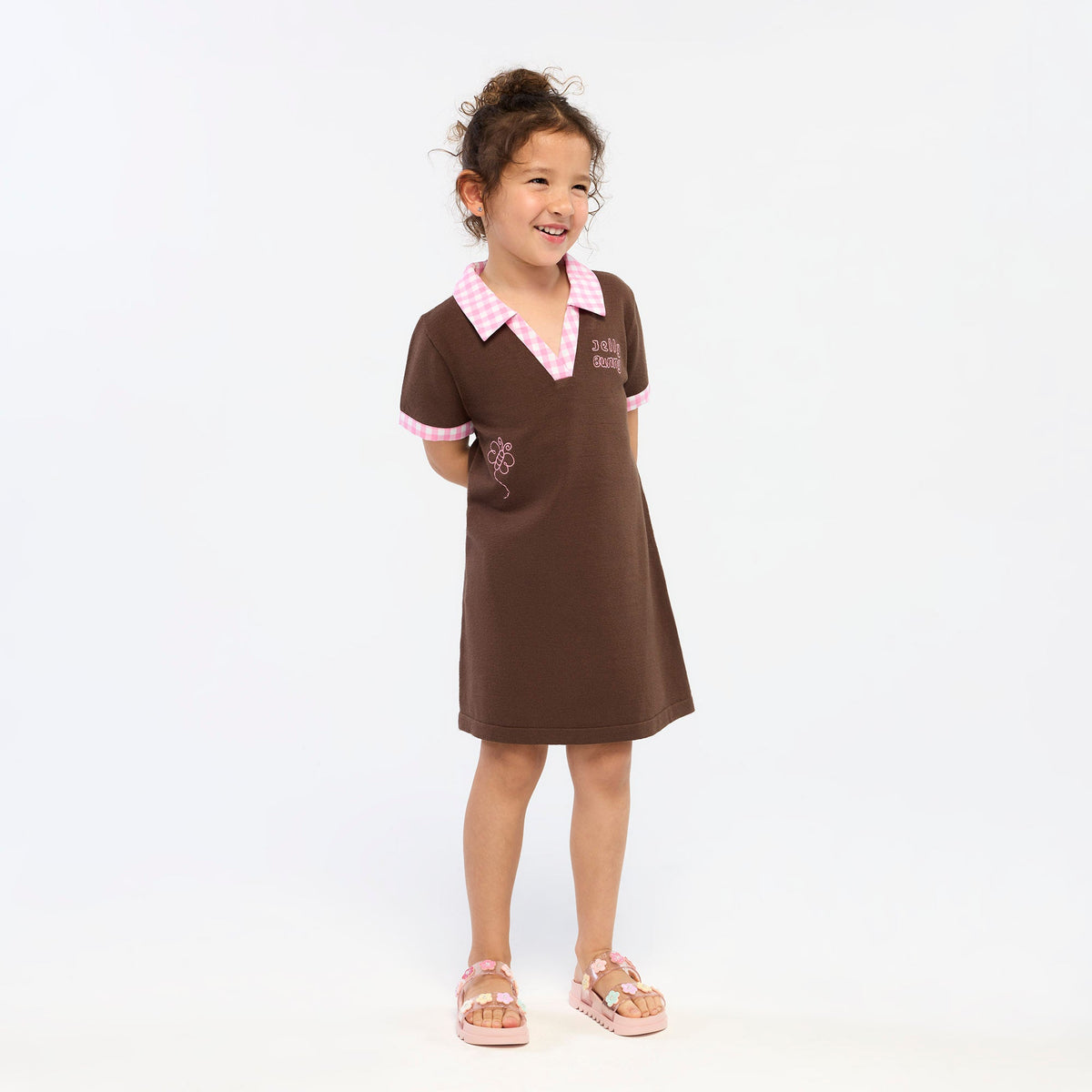 Jelly Bunny Gingham Trim Polo Dress For Mini Girls Brown