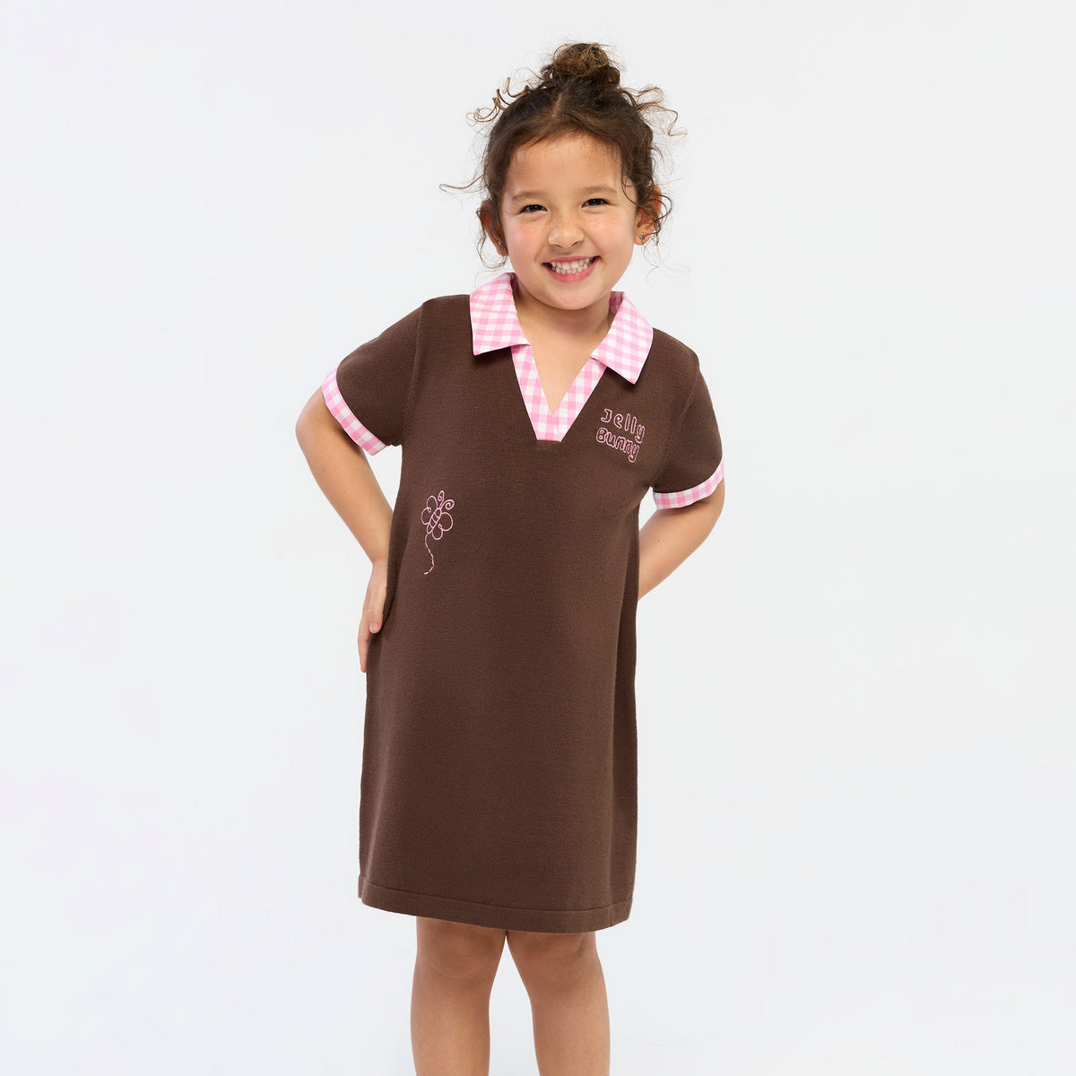 Jelly Bunny Gingham Trim Polo Dress For Mini Girls Brown