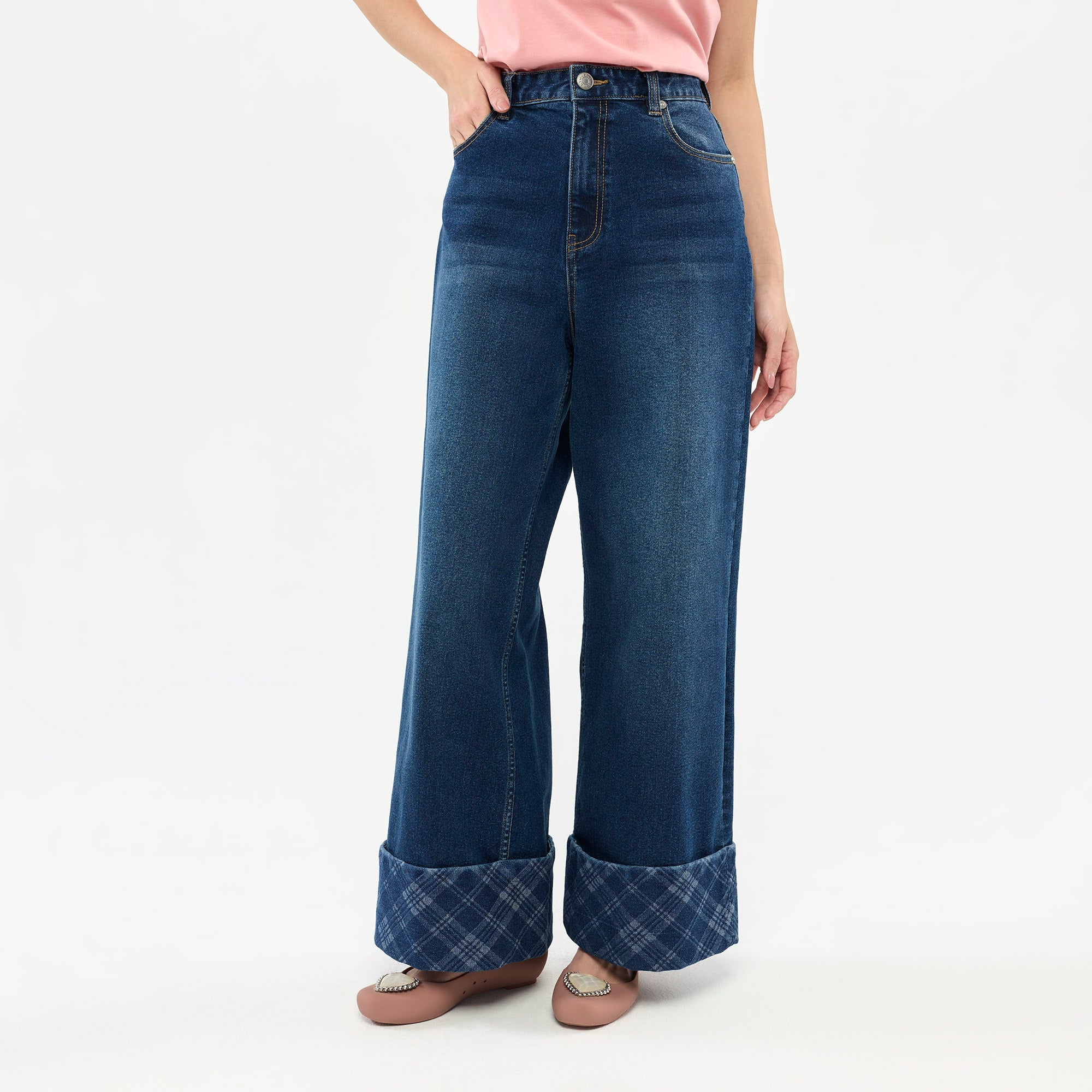 Jeremy Checked Cuff Wide-Leg Jeans Navy