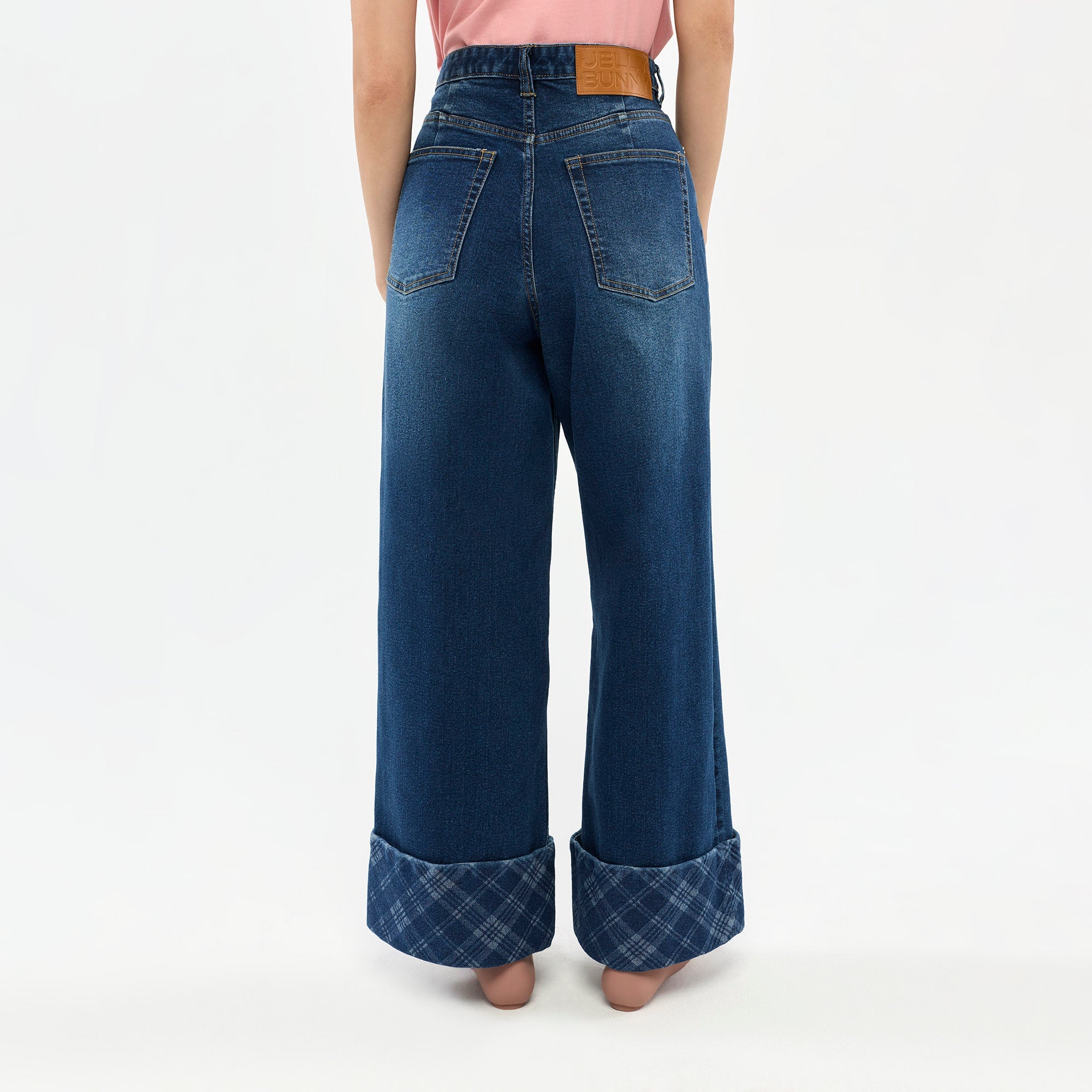 Jeremy Checked Cuff Wide-Leg Jeans Navy