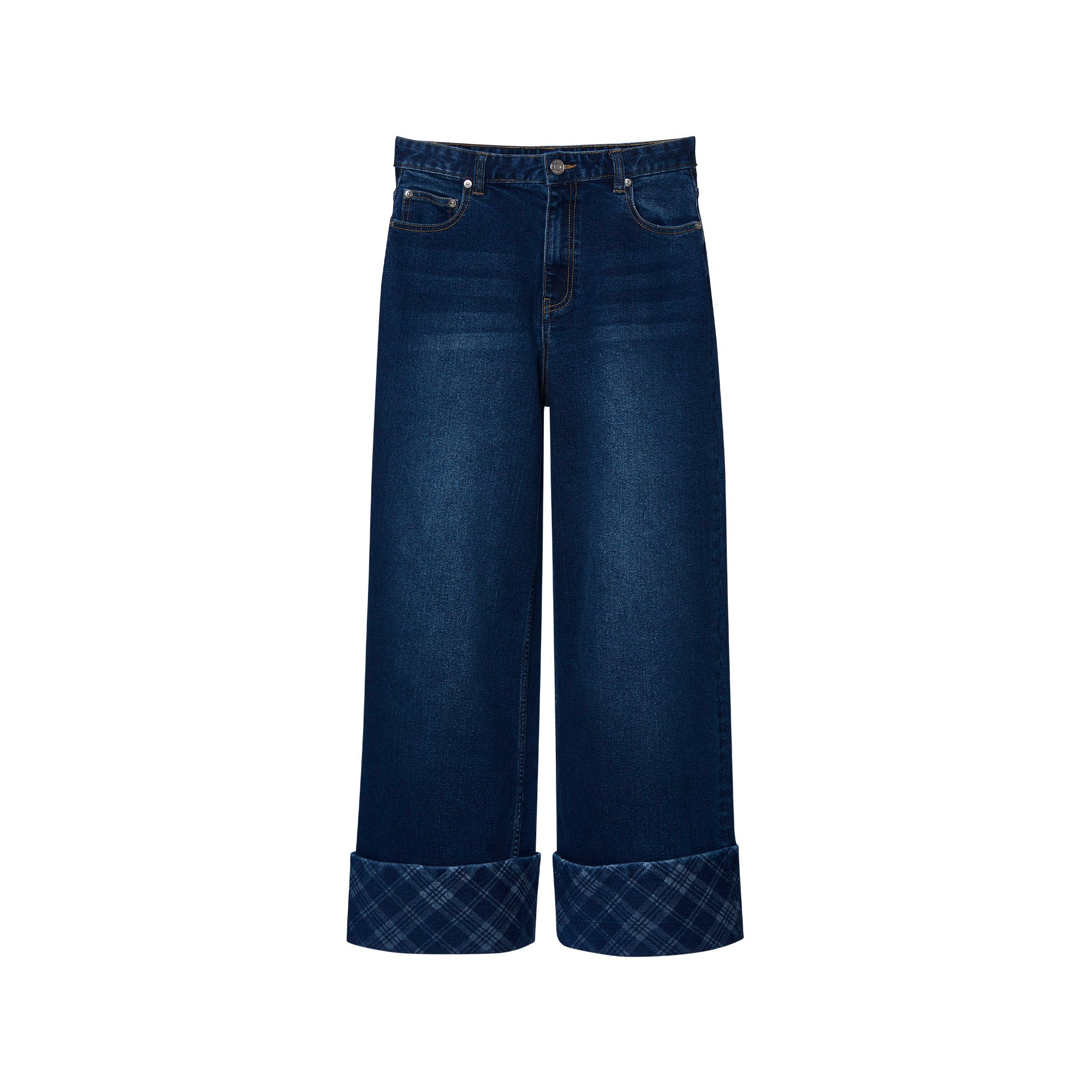 Jeremy Checked Cuff Wide-Leg Jeans Navy