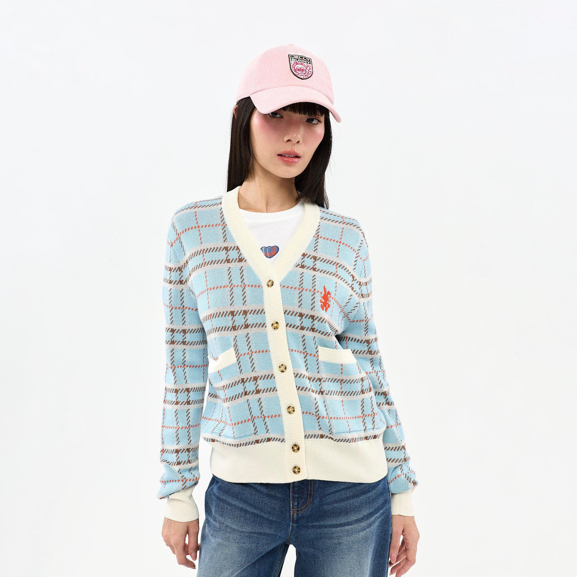 Embroidered Plaid Cardigan Blue