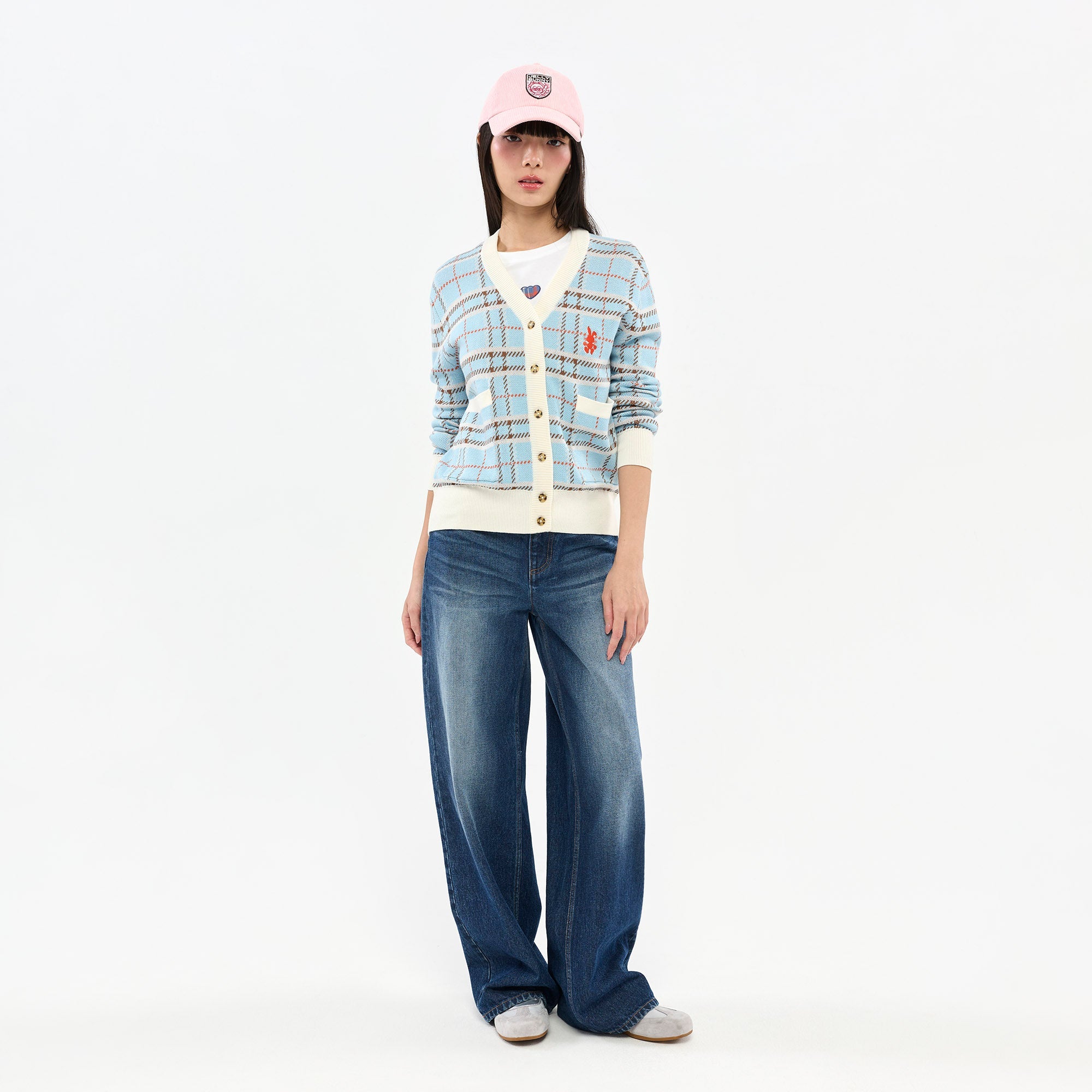 Embroidered Plaid Cardigan Blue