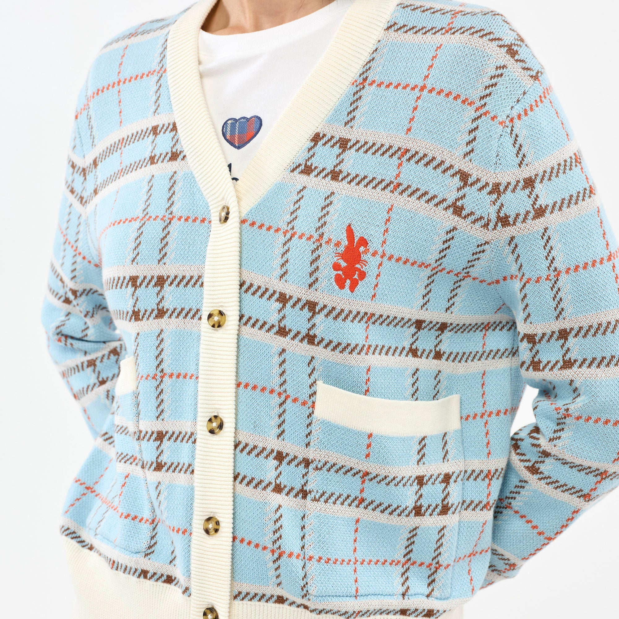 Embroidered Plaid Cardigan Blue