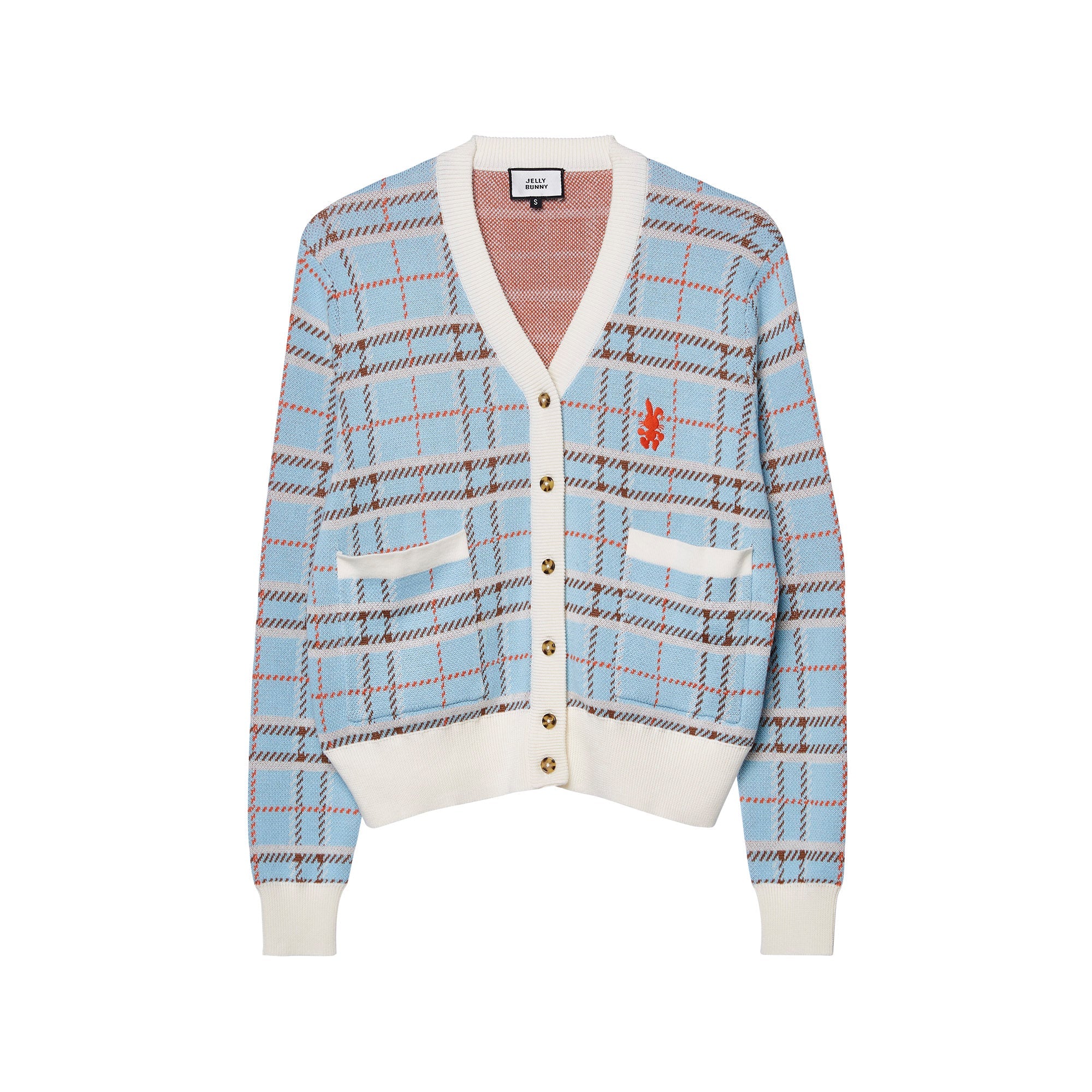Embroidered Plaid Cardigan Blue