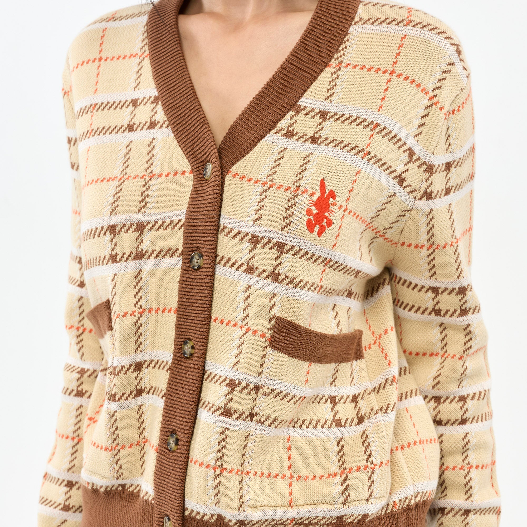 Embroidered Plaid Cardigan Brown