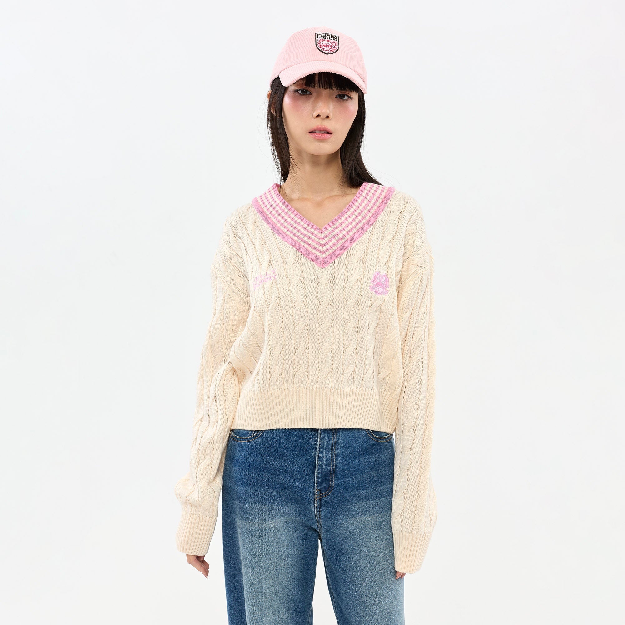 Logo Cable Knit Pullover Cream
