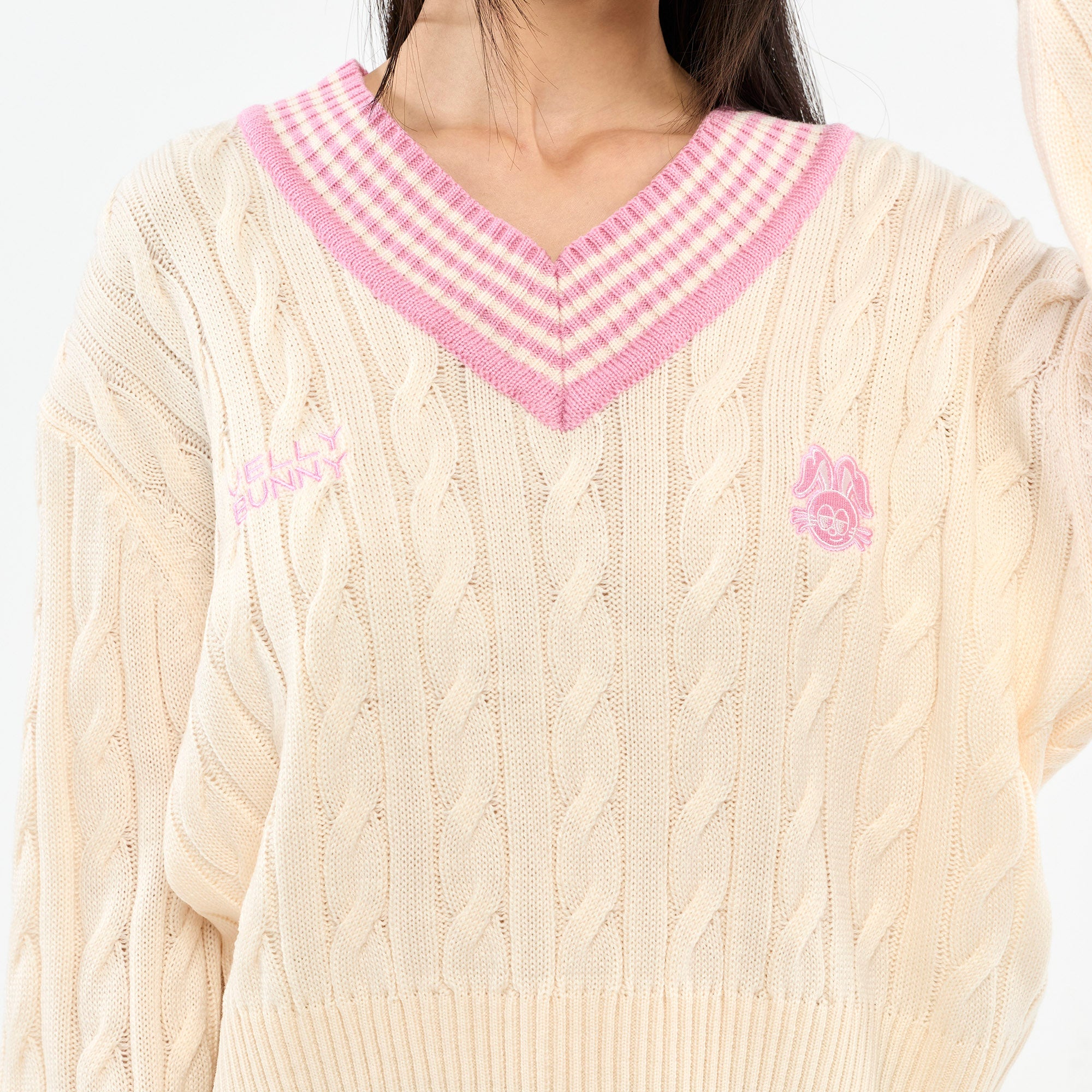 Logo Cable Knit Pullover Cream