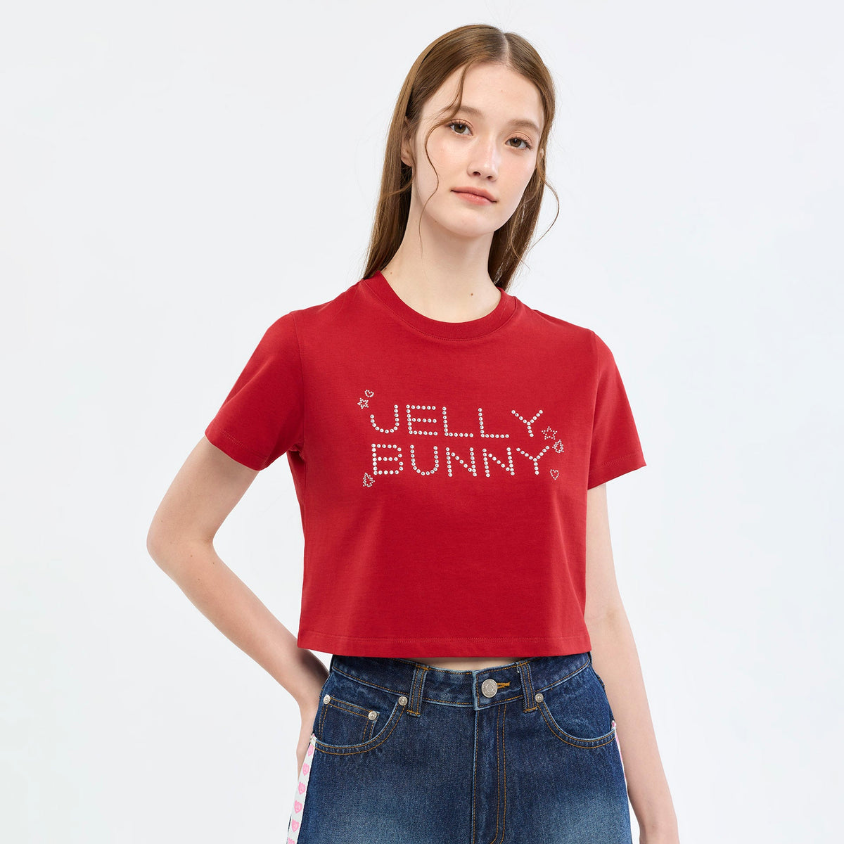 เสื้อยืดแขนสั้นลายโลโก้คริสตัล Jelly Bunny Red