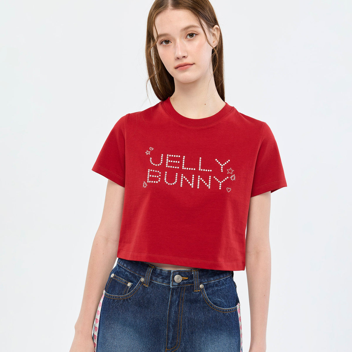 เสื้อยืดแขนสั้นลายโลโก้คริสตัล Jelly Bunny Red