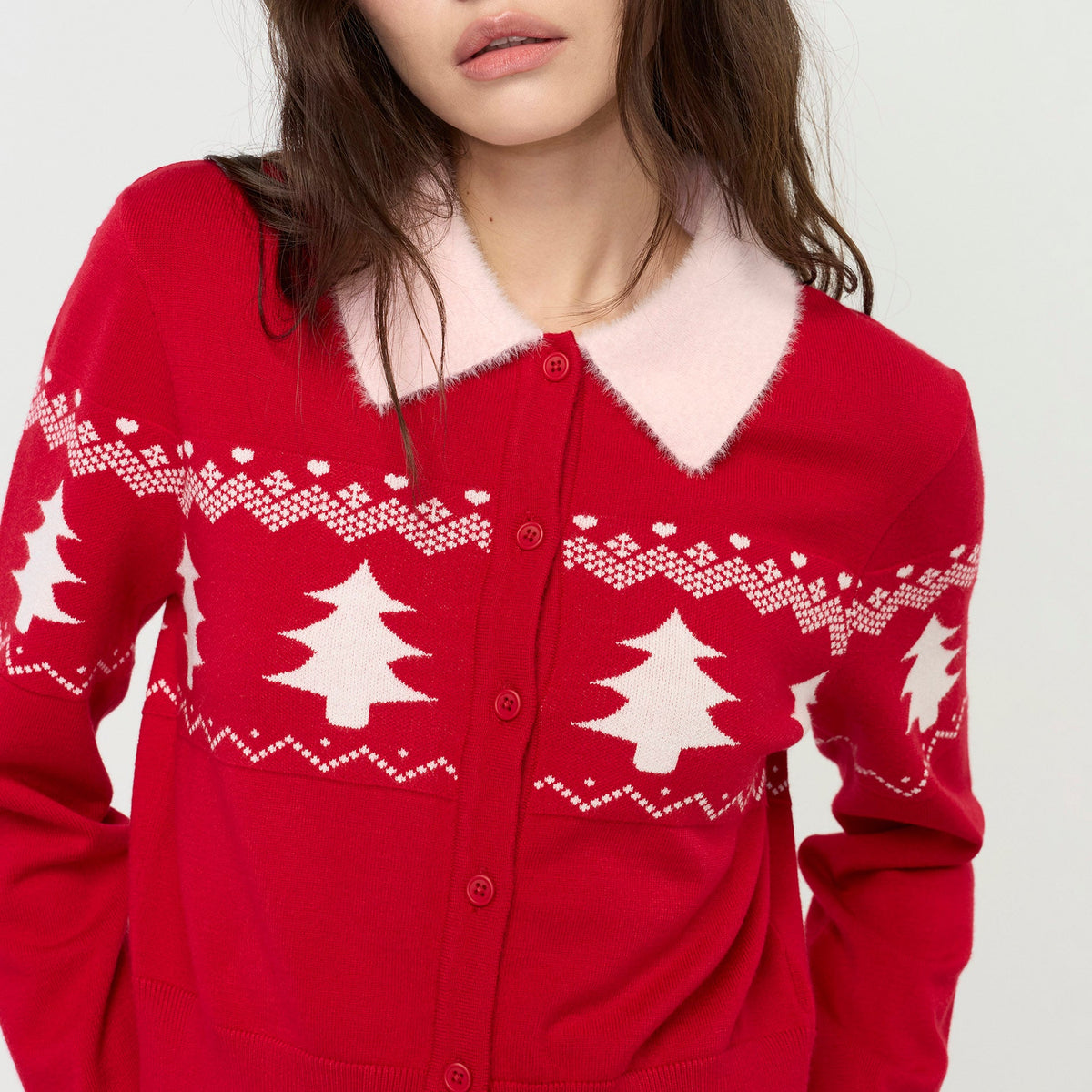 เสื้อคาร์ดิแกนแขนยาวลายต้นคริสต์มาส Red