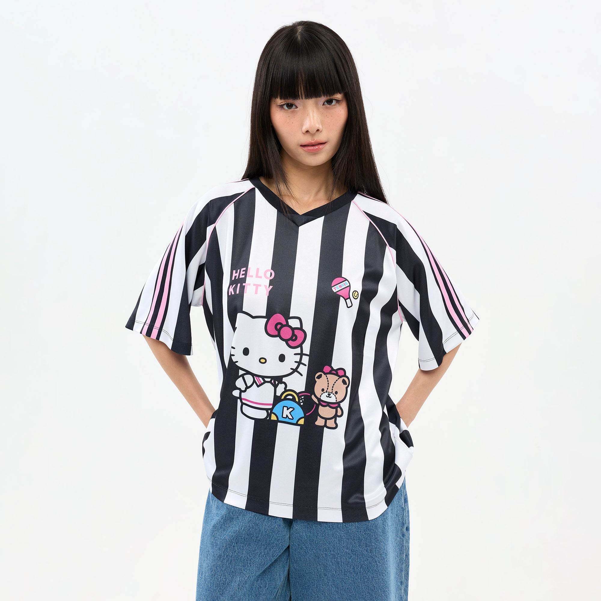 เสื้อยืดแขนสั้นลายทาง Hello Kitty Black
