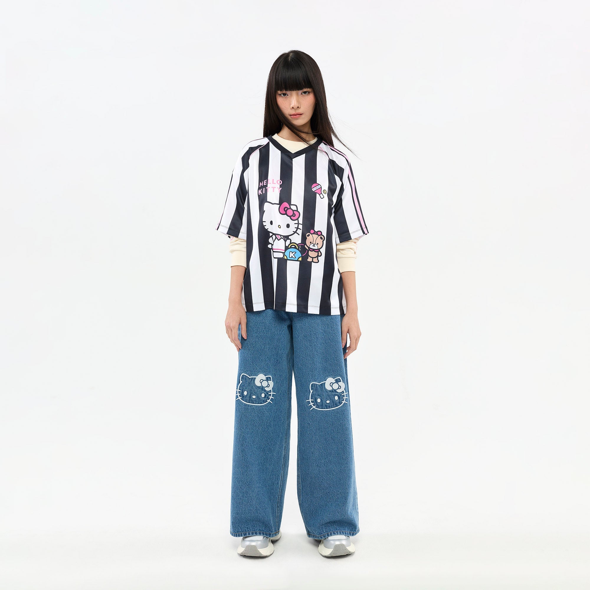 เสื้อยืดแขนสั้นลายทาง Hello Kitty Black
