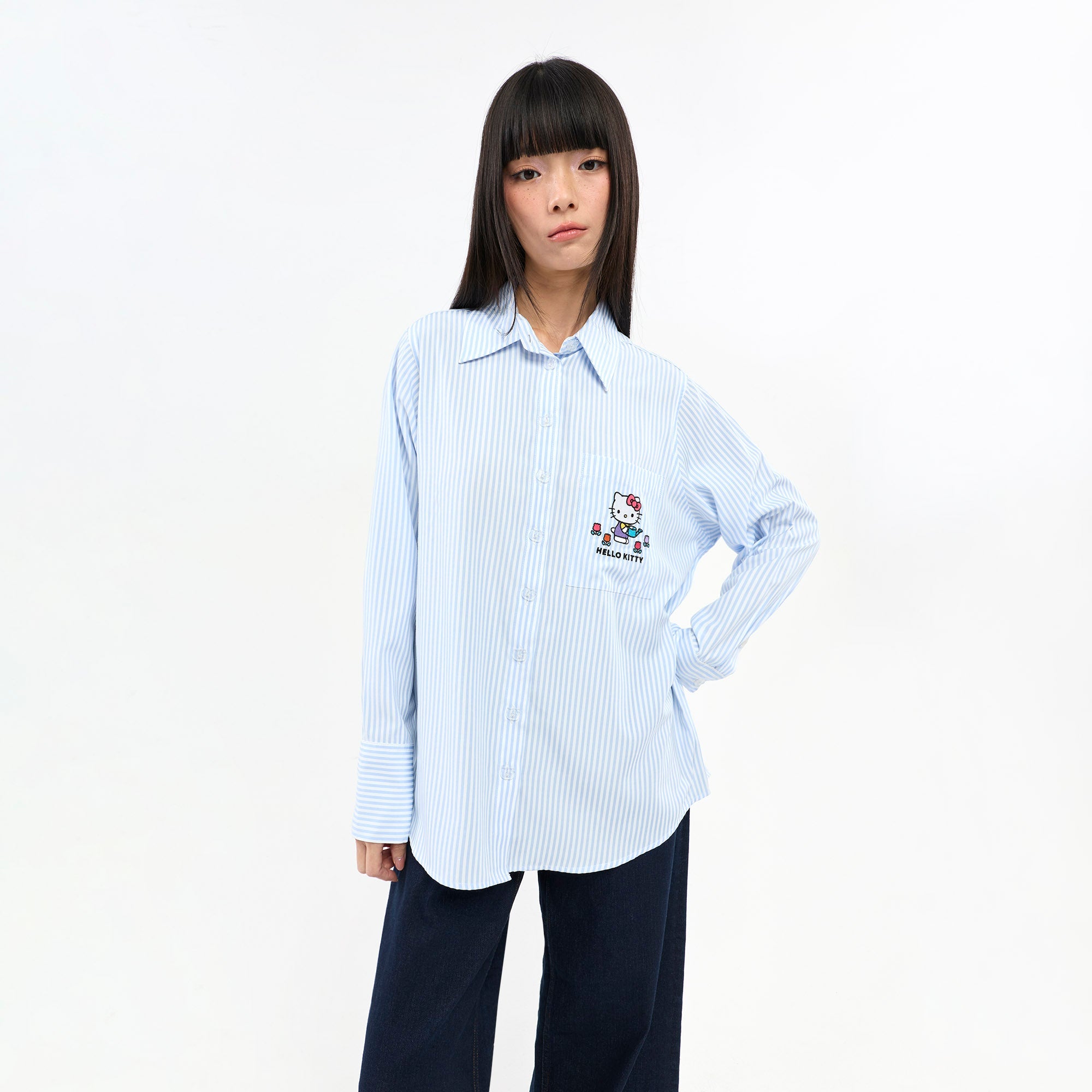 เสื้อเชิ้ตแขนยาวลายทาง Hello Kitty Blue