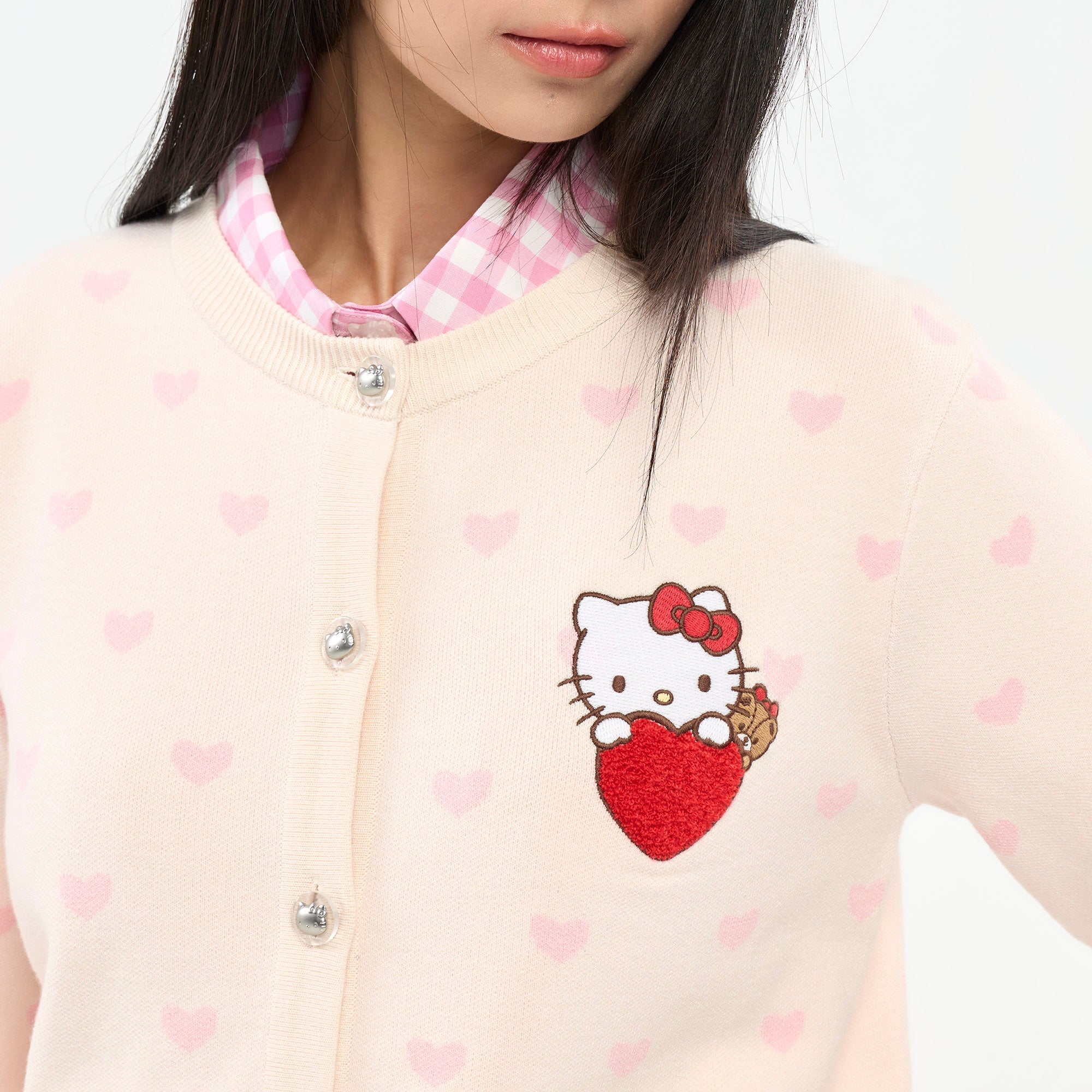 เสื้อคาร์ดิแกนผ้าถักลายหัวใจ Hello Kitty Pink