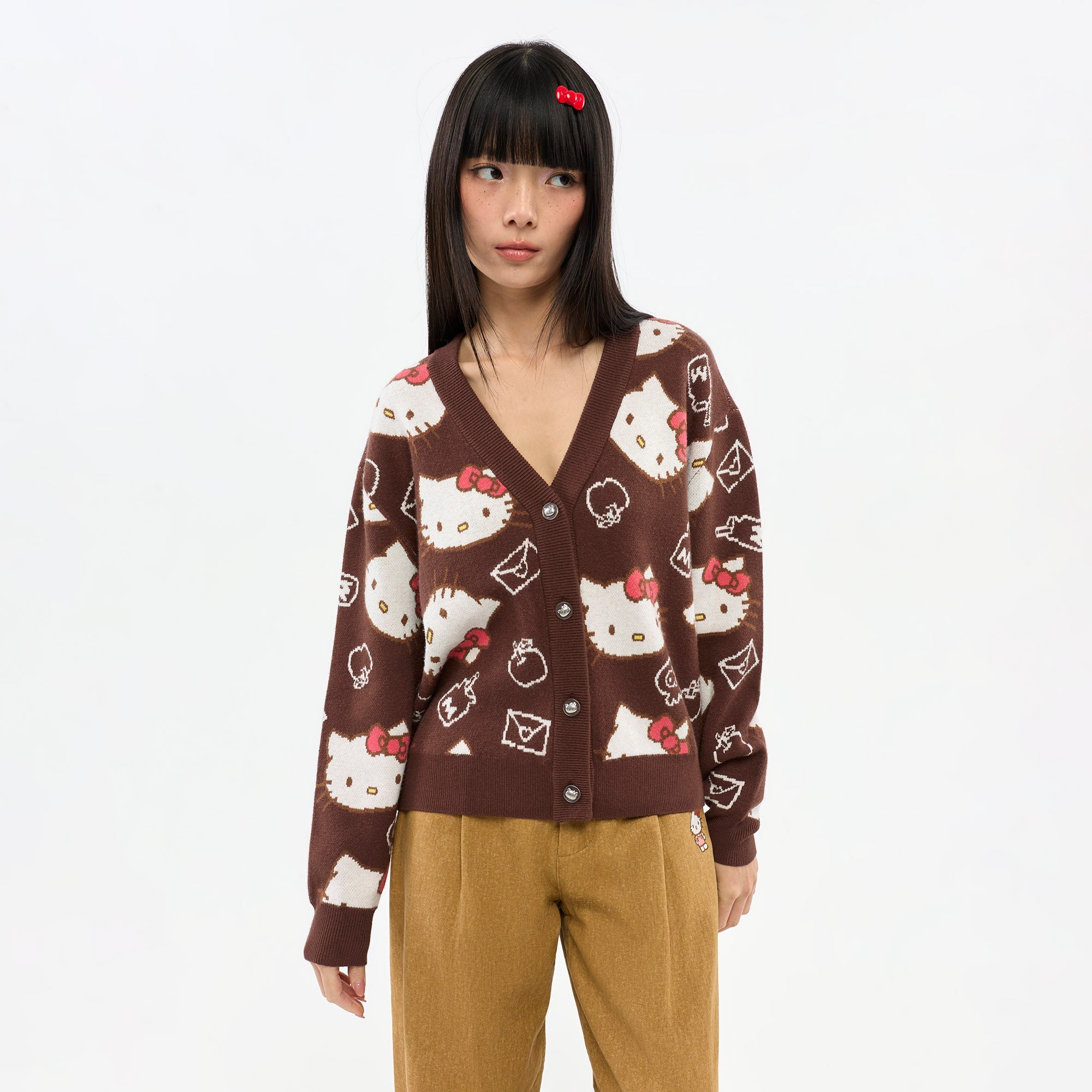 เสื้อคาร์ดิแกนผ้าถักลาย Hello Kitty Brown