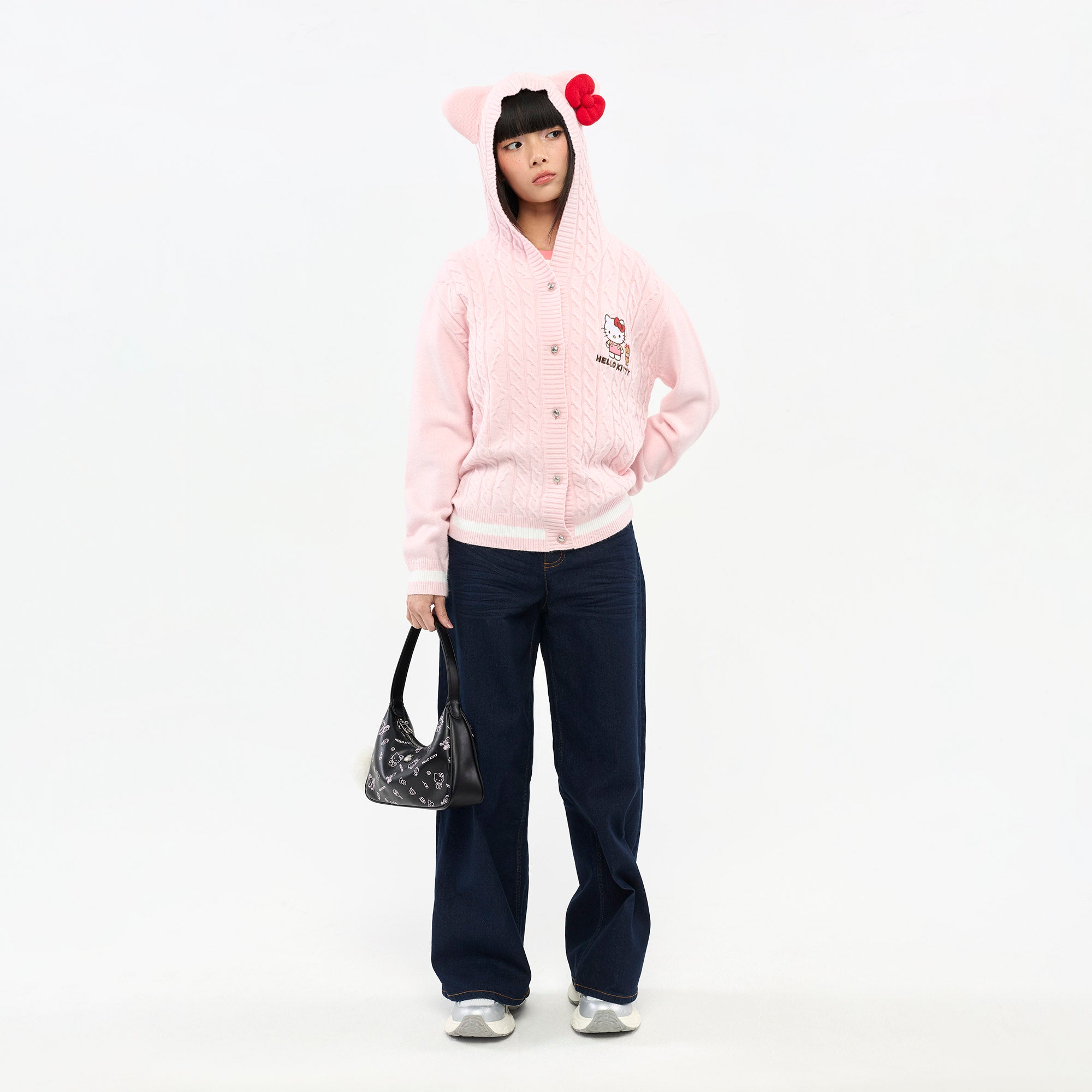 เสื้อคาร์ดิแกนผ้าถักลายเปียมีฮู้ด Hello Kitty Pink