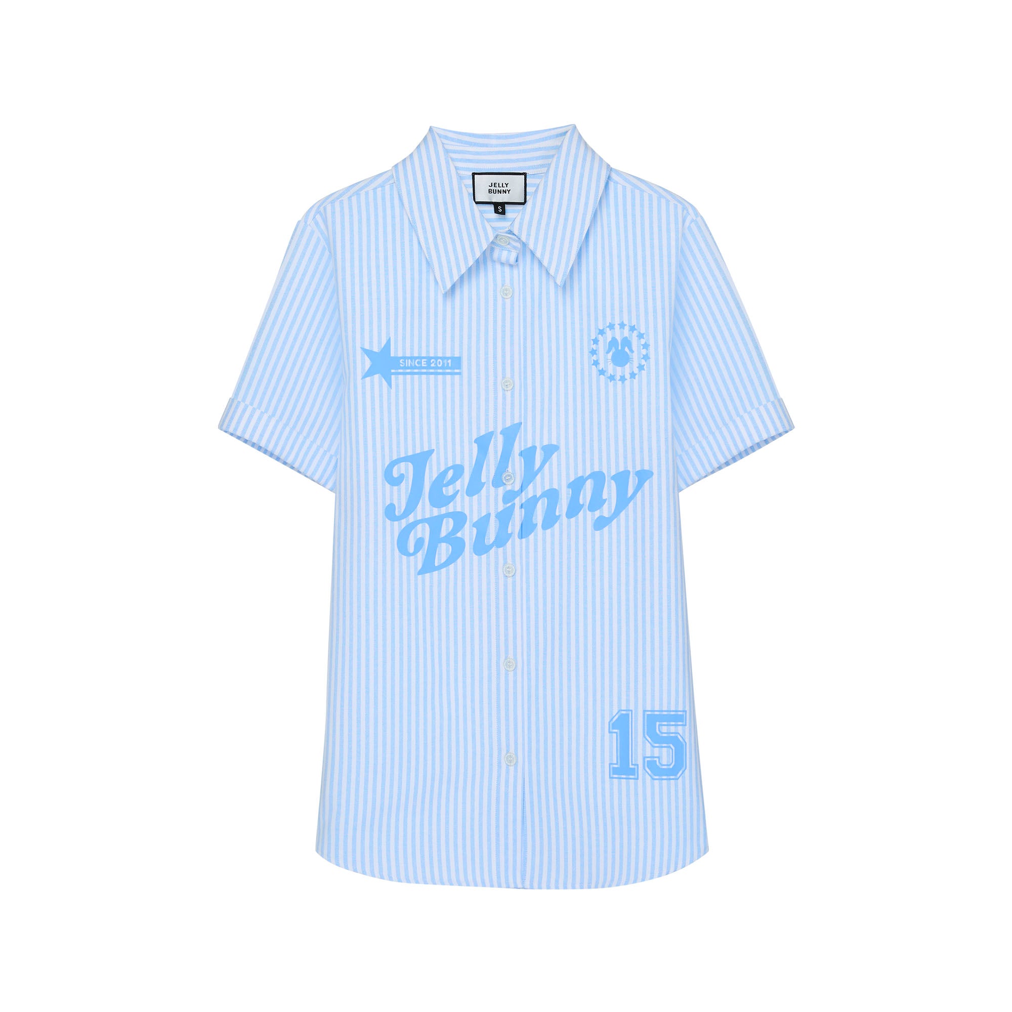 เสื้อเชิ้ตแขนสั้นลายทางแต่งโลโก้
