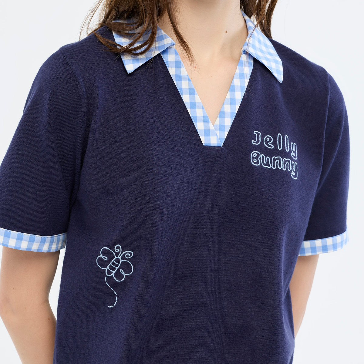 เสื้อโปโลแขนสั้นแต่งขอบลายตาราง Navy
