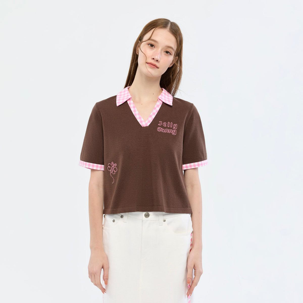 Jelly Bunny Gingham Trim Polo Shirt Brown