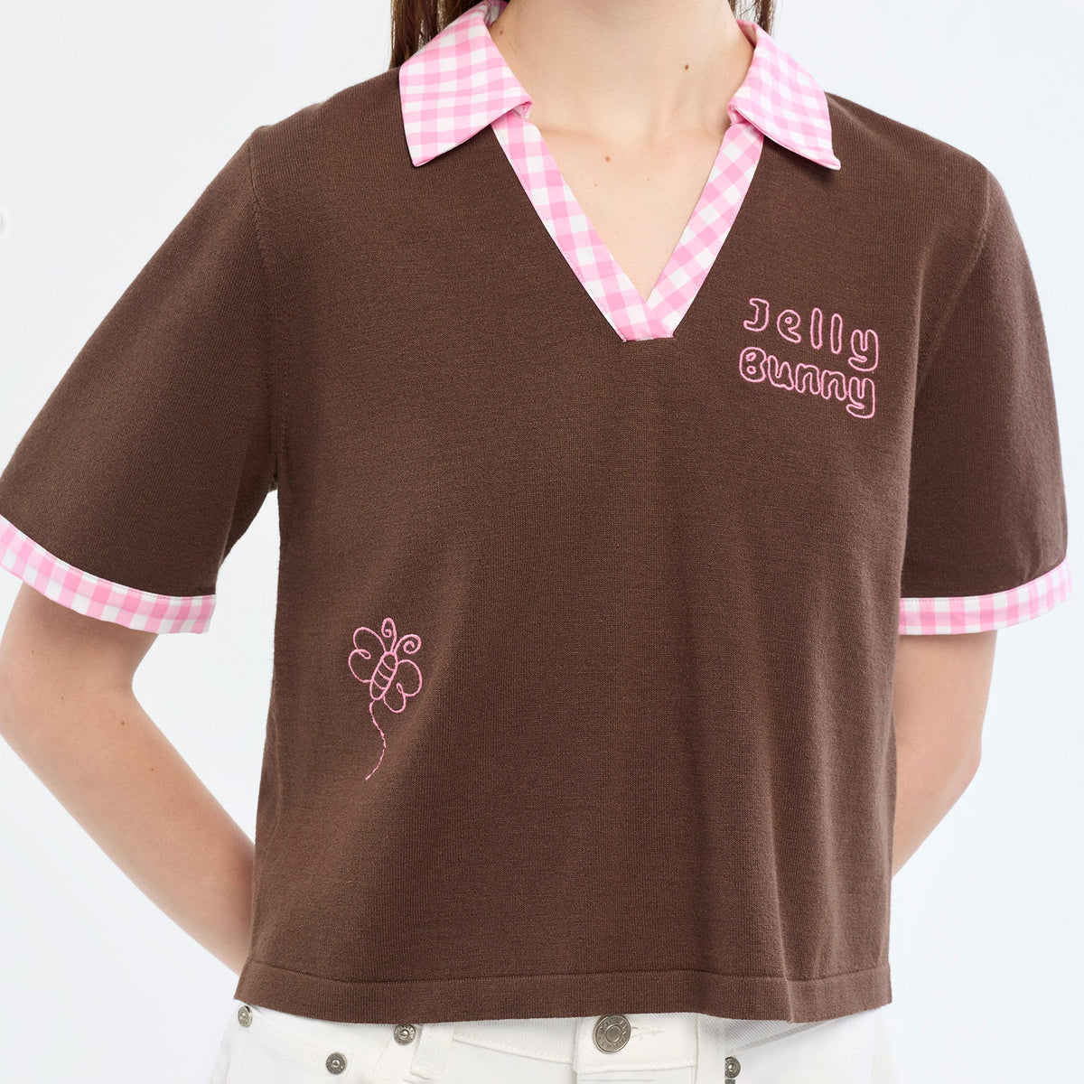 Jelly Bunny Gingham Trim Polo Shirt Brown