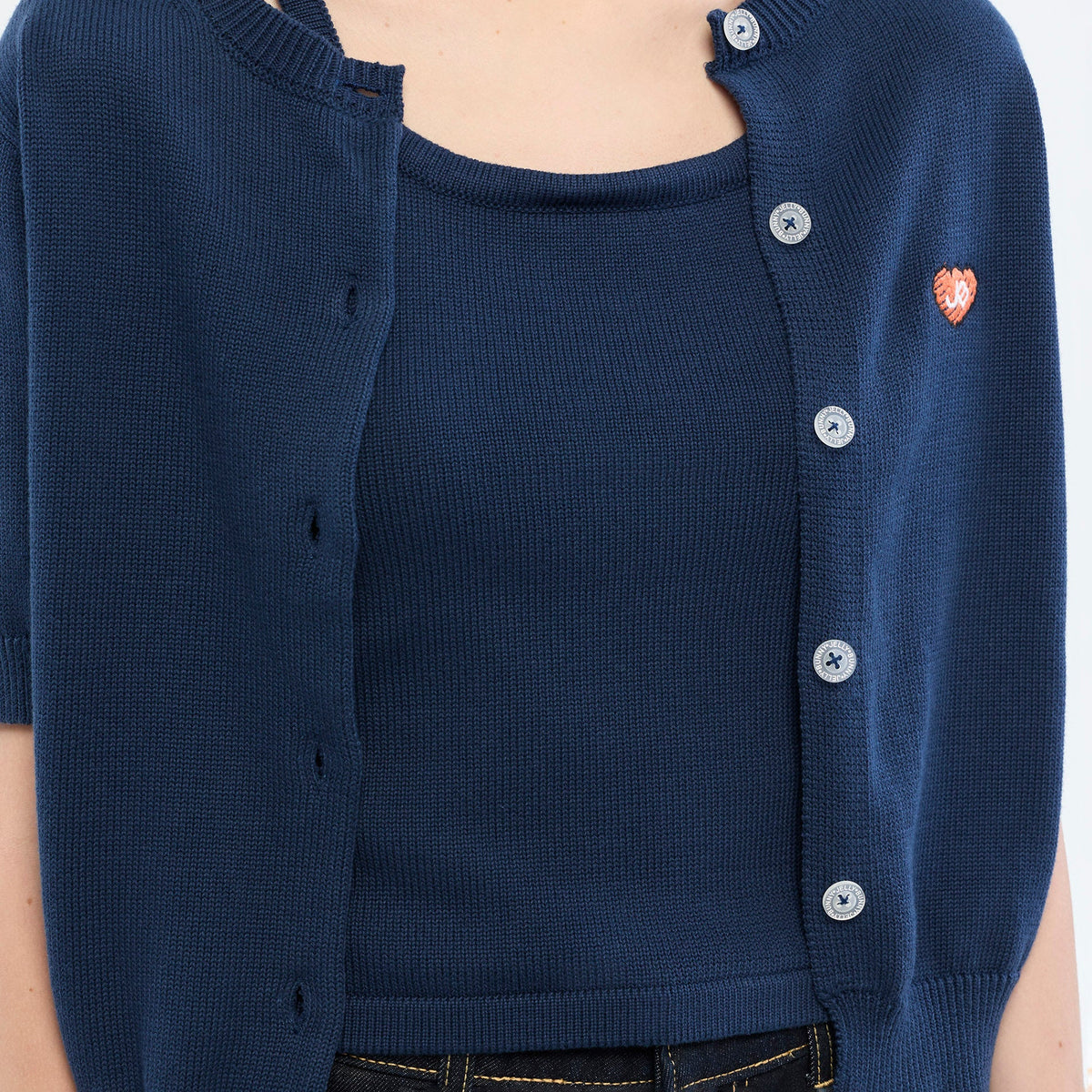 Heart Patch Knit Cardigan & Camisole Set Navy