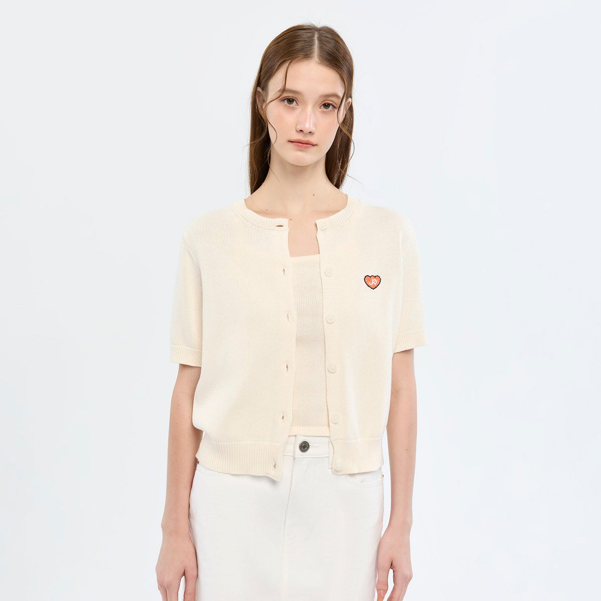 Heart Patch Knit Cardigan & Camisole Set Cream