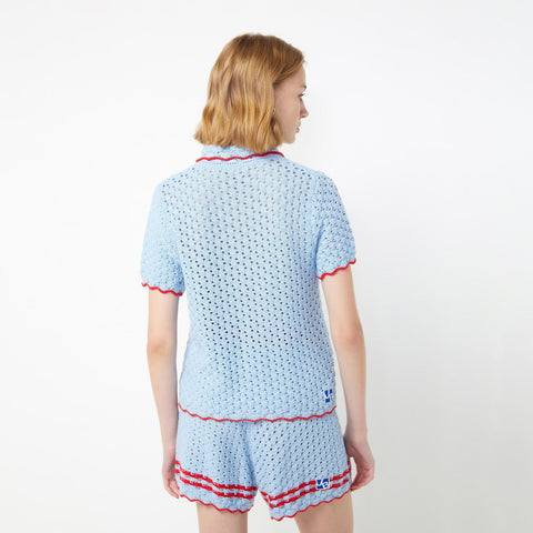 Lazy Morning Effect Knitted Short Sleeve Shirt - Jelly Bunny TH
